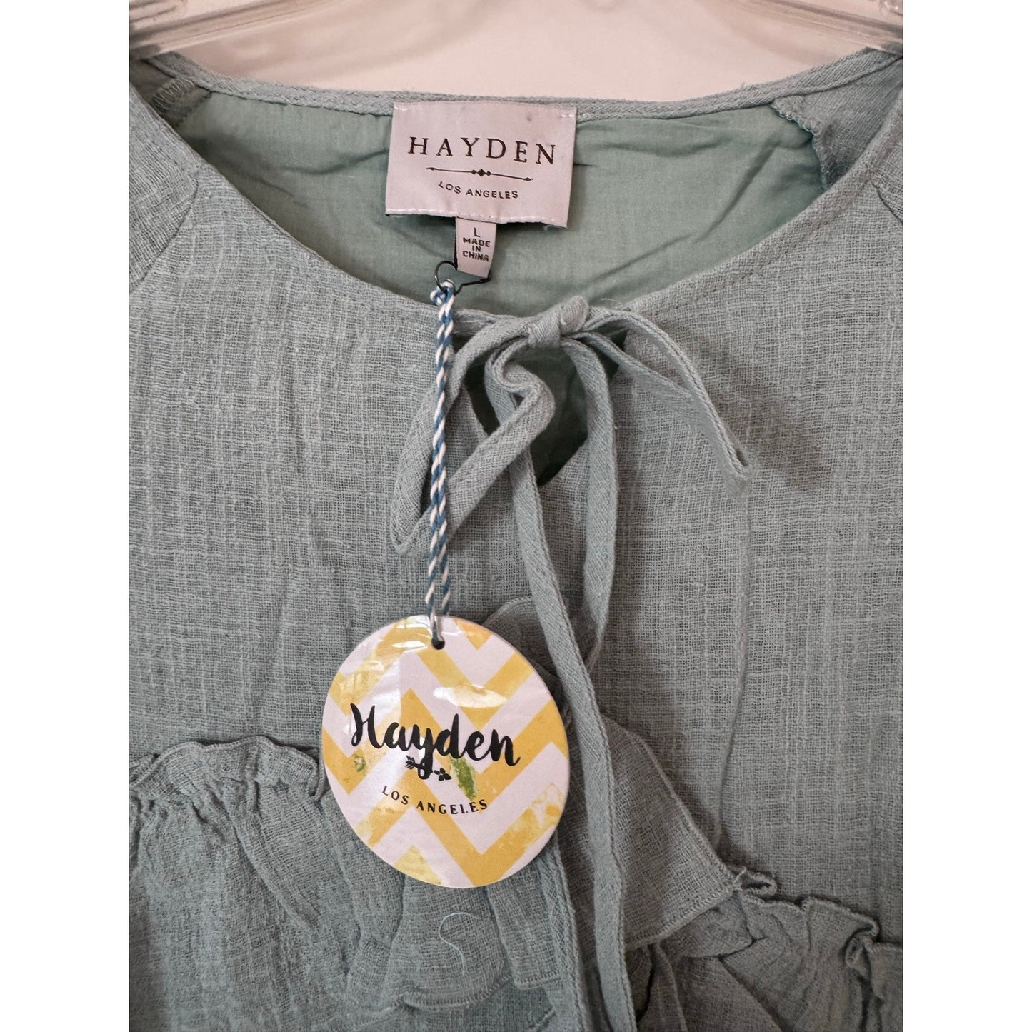 Hayden LA Dusty Mint Ruffle Tie Neck Dress Tunic | Size Large | Boho Cotton