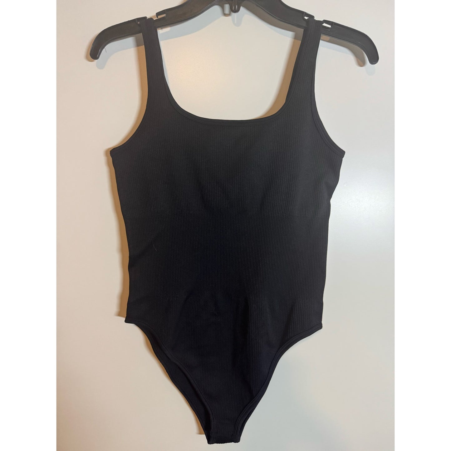 OQQ Ribbed Scoop Neck Bodysuit with Snap Closure – Black, Size Large