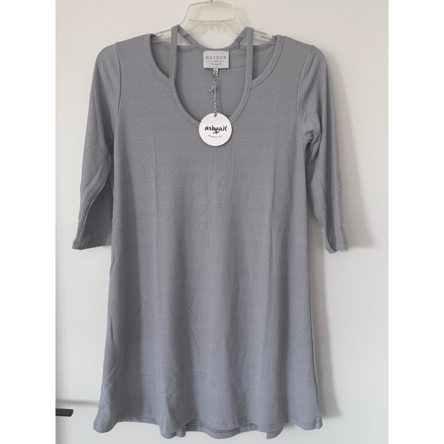 Hayden Los Angeles Silver Textured Knit Dress Medium NEW Strappy Neck 3/4 Sleeve
