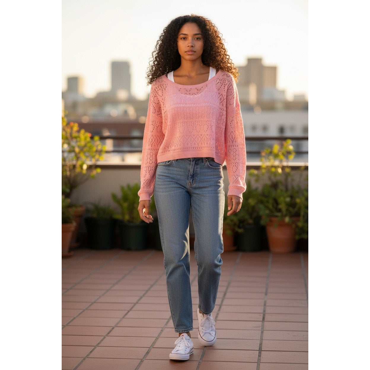 Abound Pointelle Knit Cropped Sweater Pink Hydrangea Large NEW