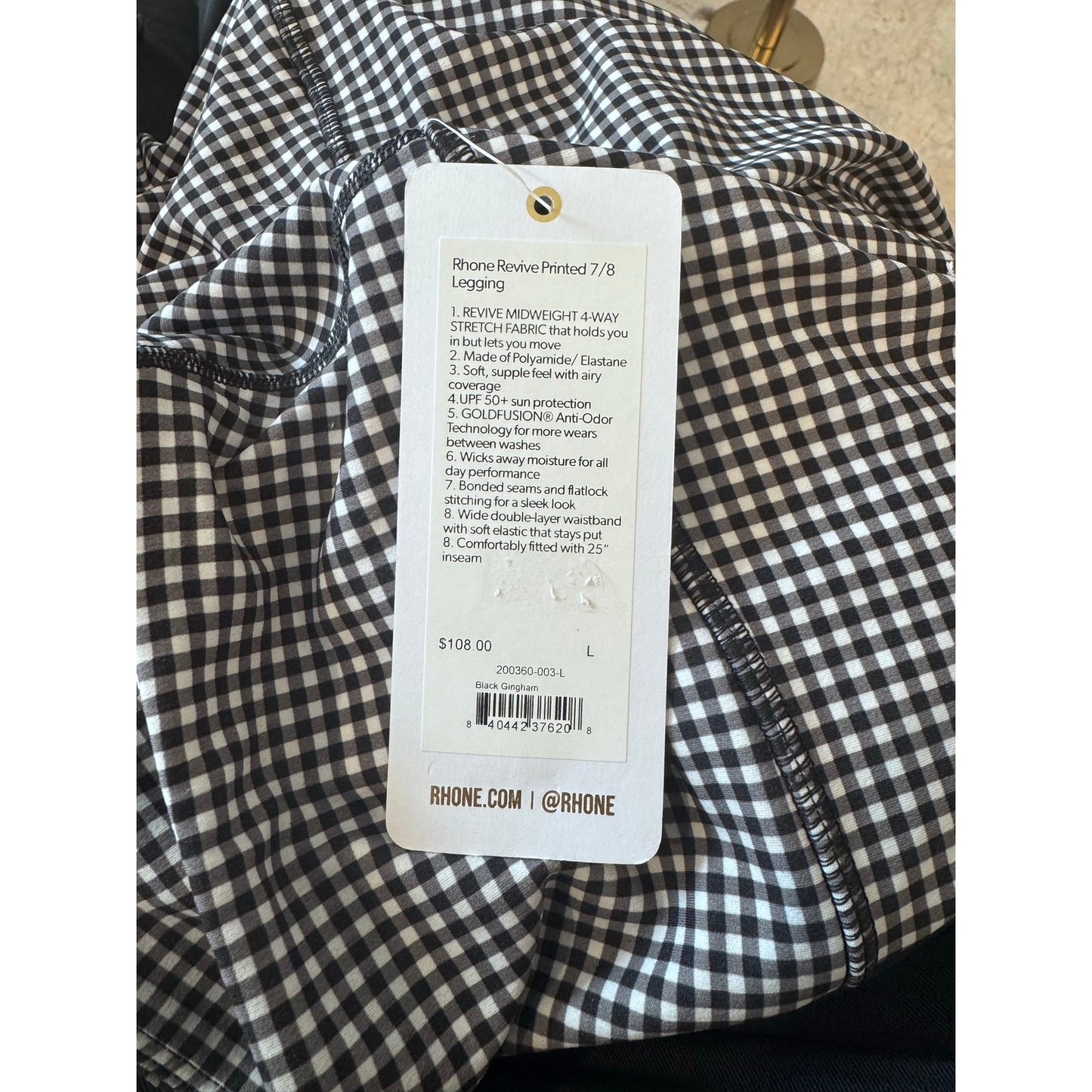 Rhone Revive Printed 7/8 Legging Black Gingham Size Large High Rise NWT