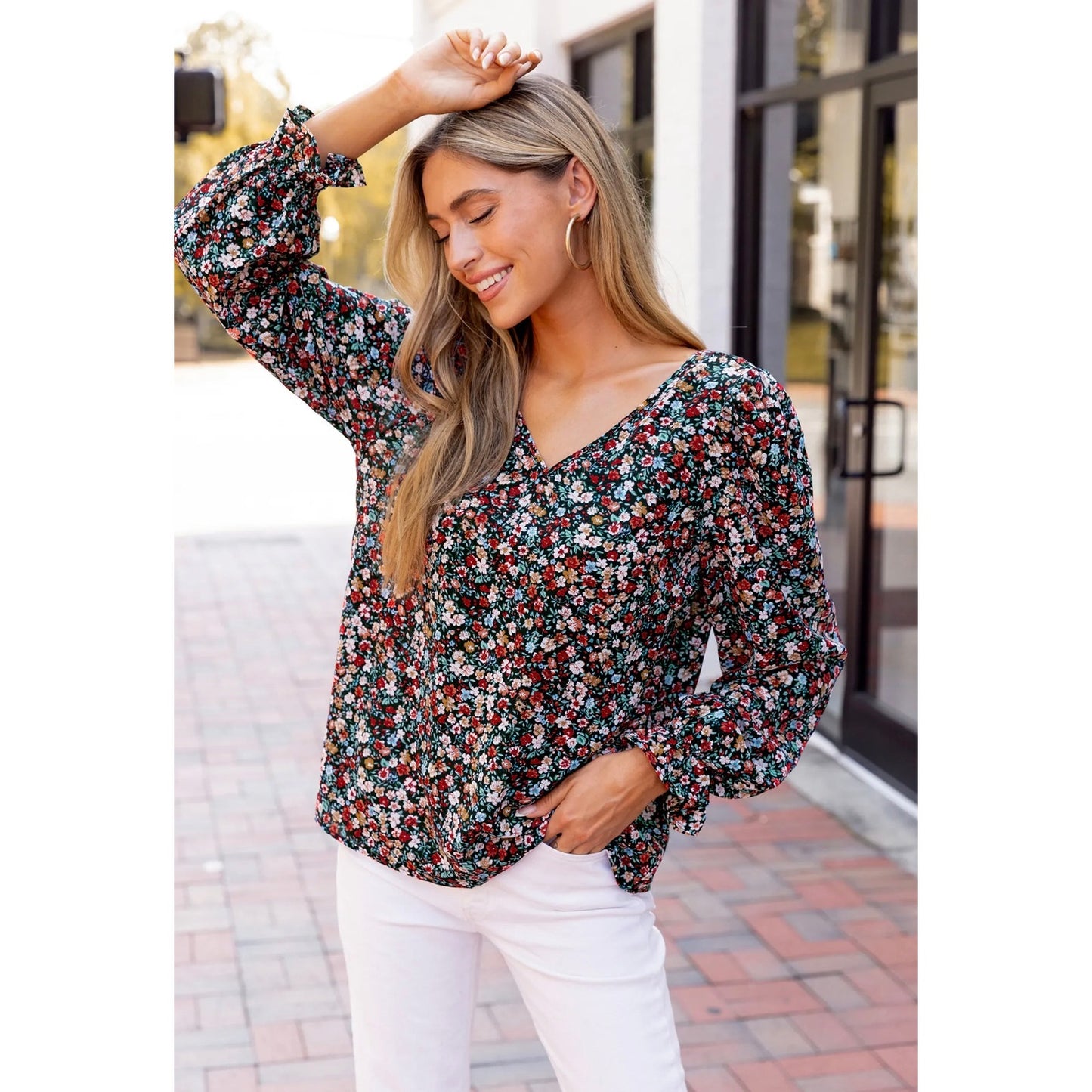 Cupshe Red Ditsy V-Neck Puff Sleeve Blouse | Small | NEW