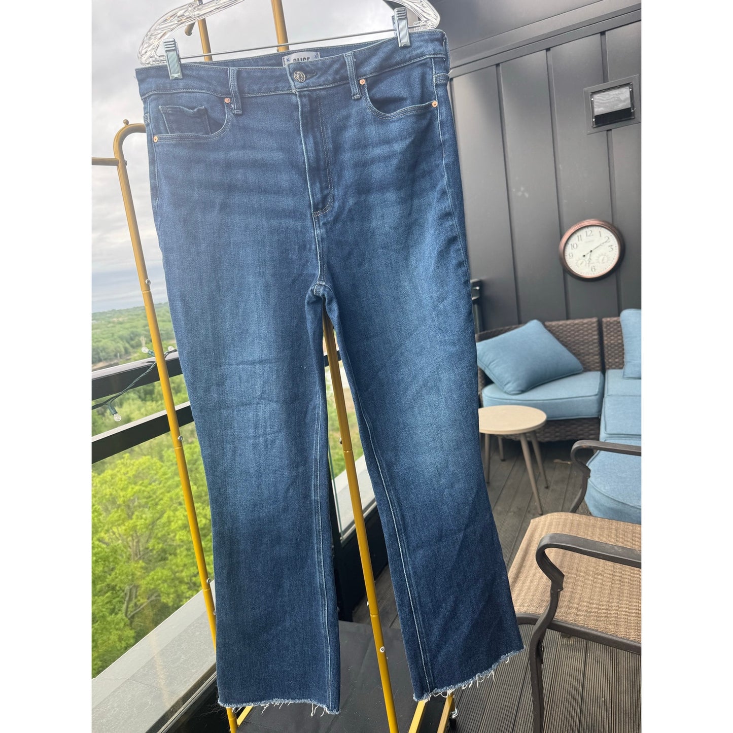 PAIGE Jacqueline Straight Raw Hem Jeans Size 32 Dark Wash Denim