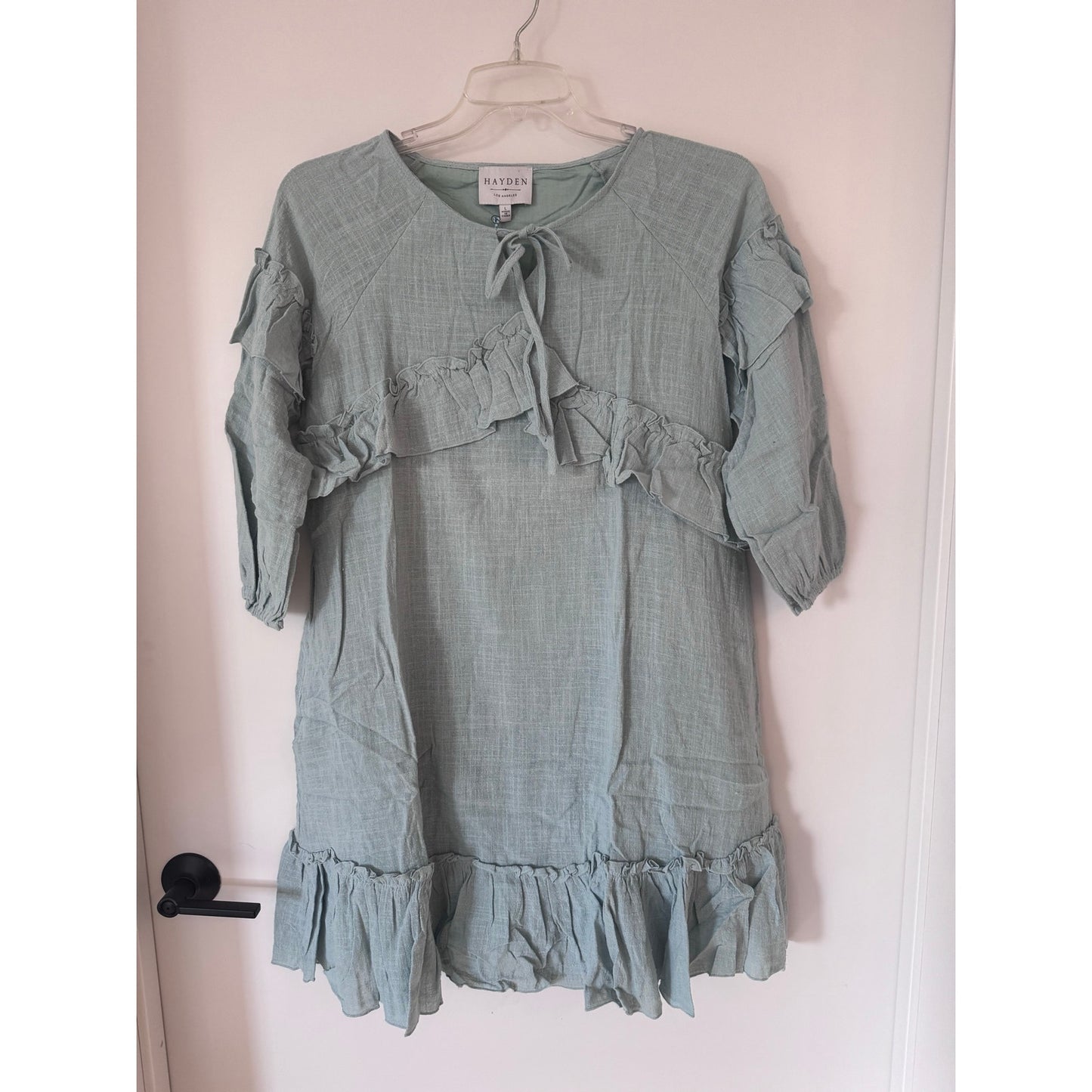 Hayden LA Dusty Mint Ruffle Tie Neck Dress Tunic | Size Large | Boho Cotton