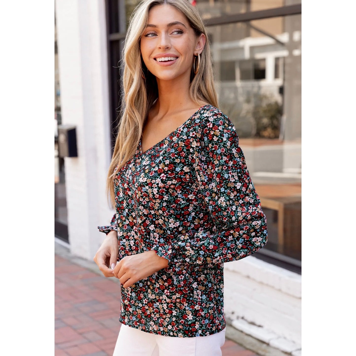 Cupshe Red Ditsy V-Neck Puff Sleeve Blouse | Small | NEW