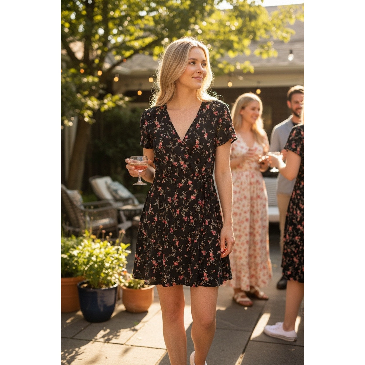 Kaileigh Kaela Floral Faux Wrap Dress XL Black Pink Fit & Flare Flutter Sleeve NEW