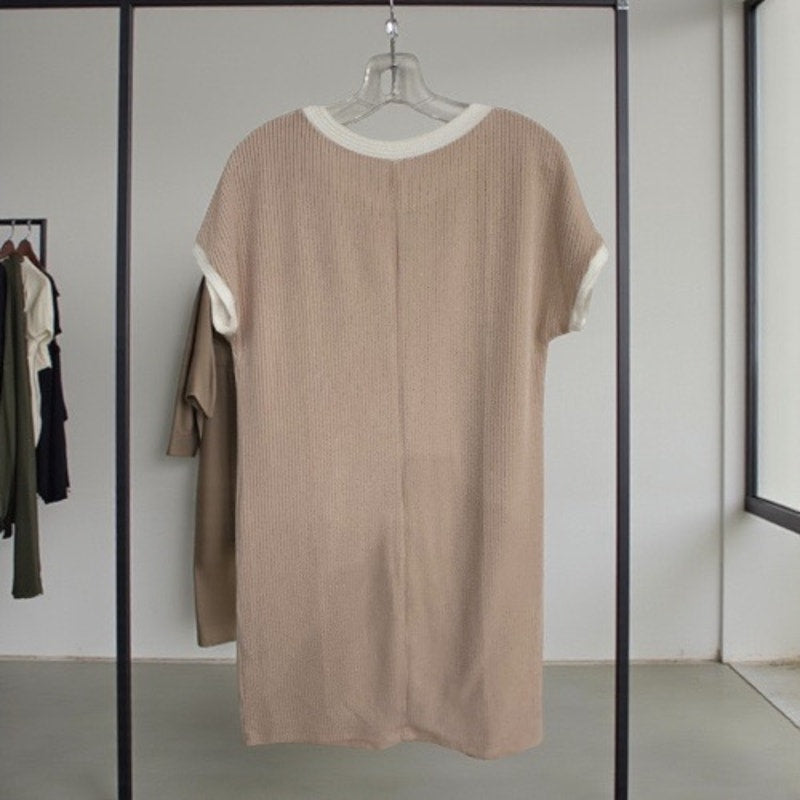 Neutral Ribbed T-Shirt Dress | Contrast Trim | Size Small
