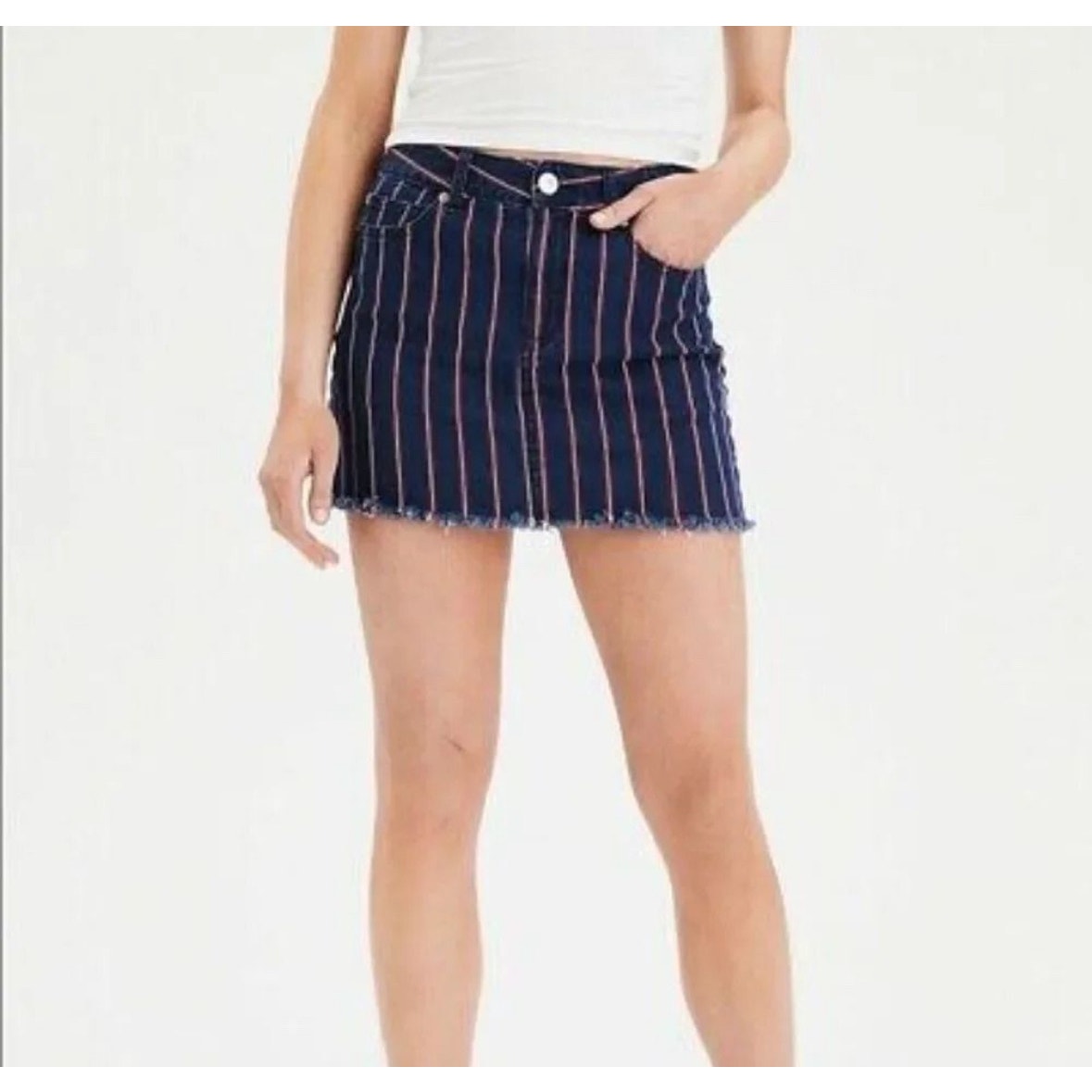 American Eagle High-Rise Striped Mini Skirt – Size 12, Super Stretch, Frayed Hem