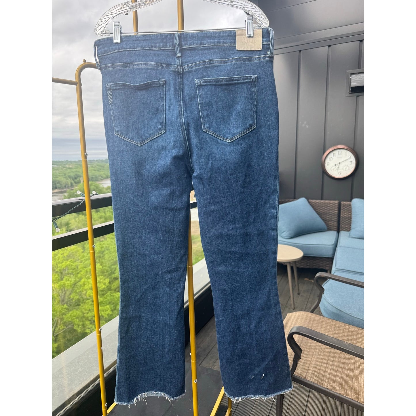 PAIGE Jacqueline Straight Raw Hem Jeans Size 32 Dark Wash Denim