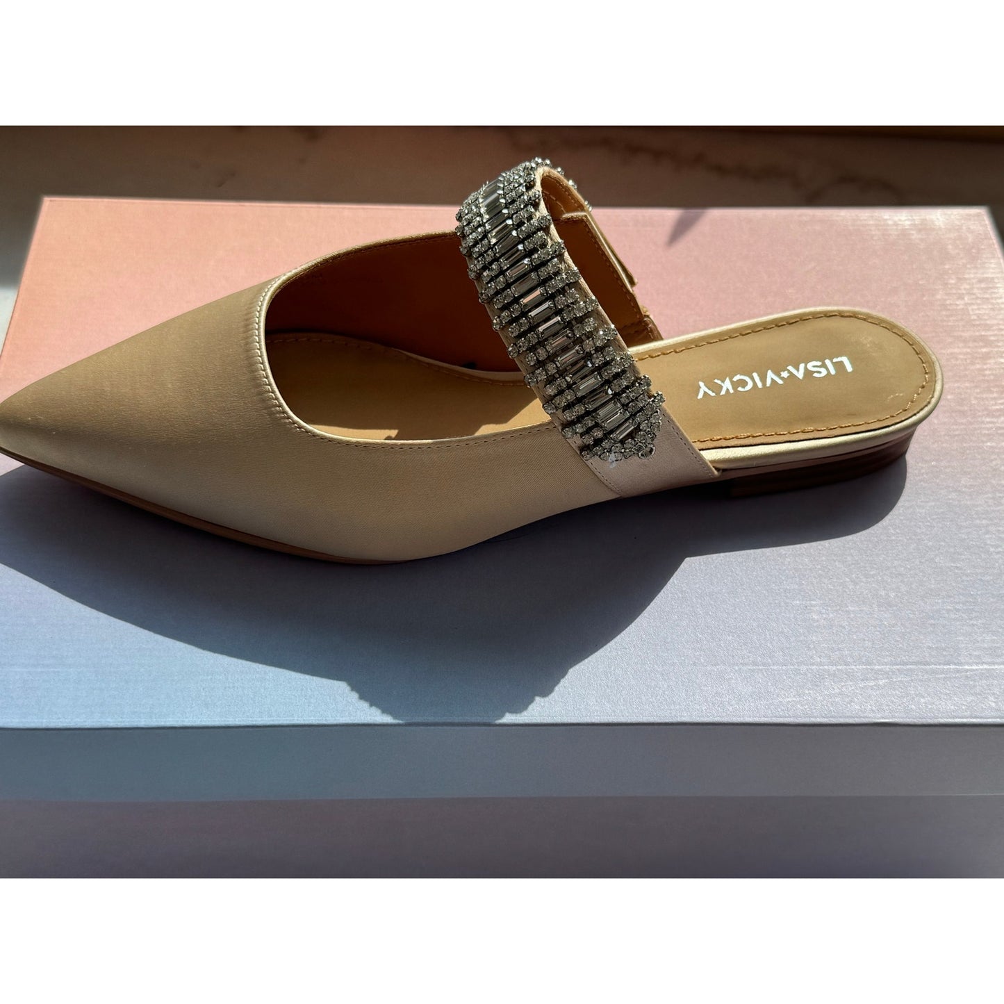 Lisa Vicky MOVE-V Champagne Satin Flats – Rhinestone Strap – Size 7 NEW