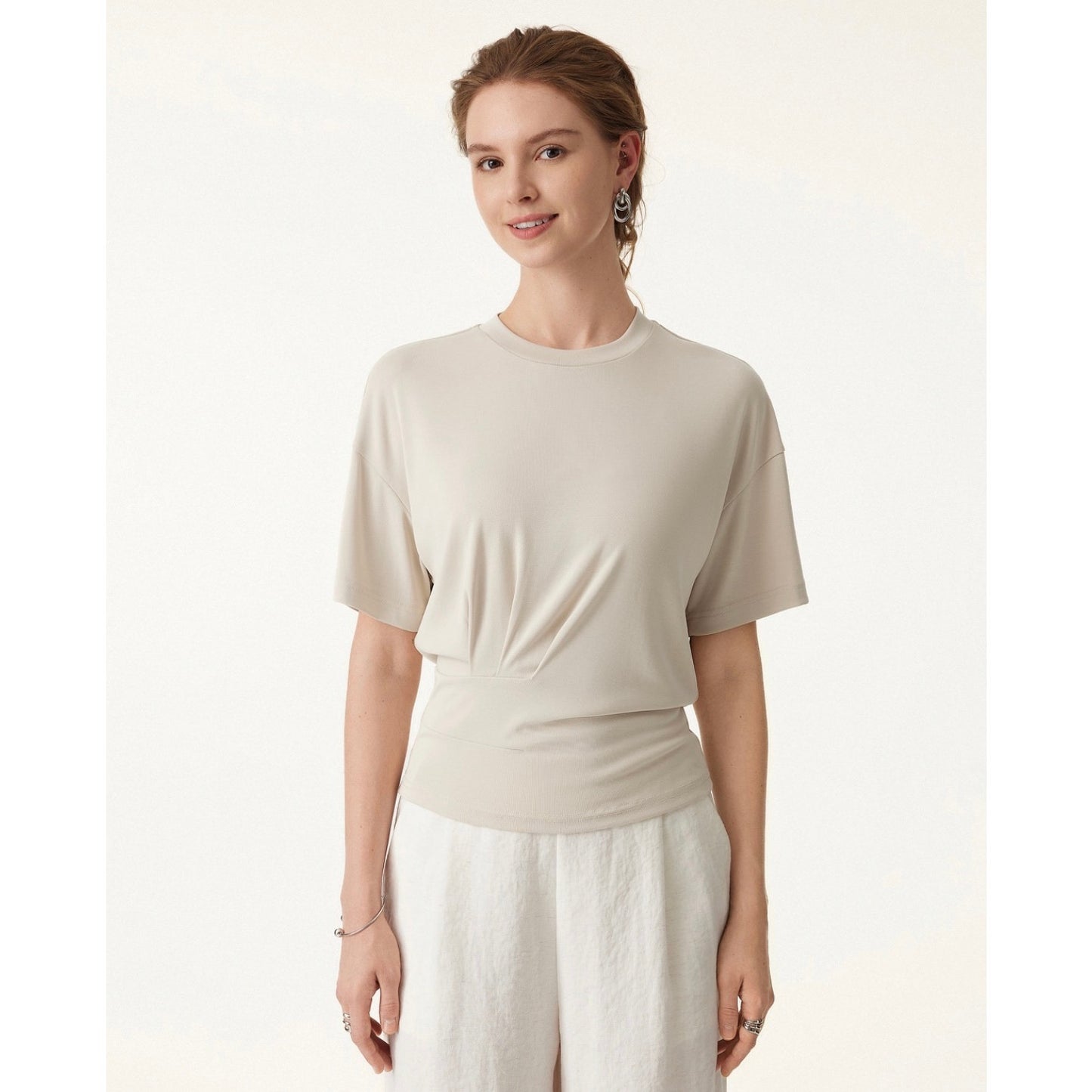 OGL Move NEW Ivory Crewneck Tucked Waist Tee Minimalist Top | Large