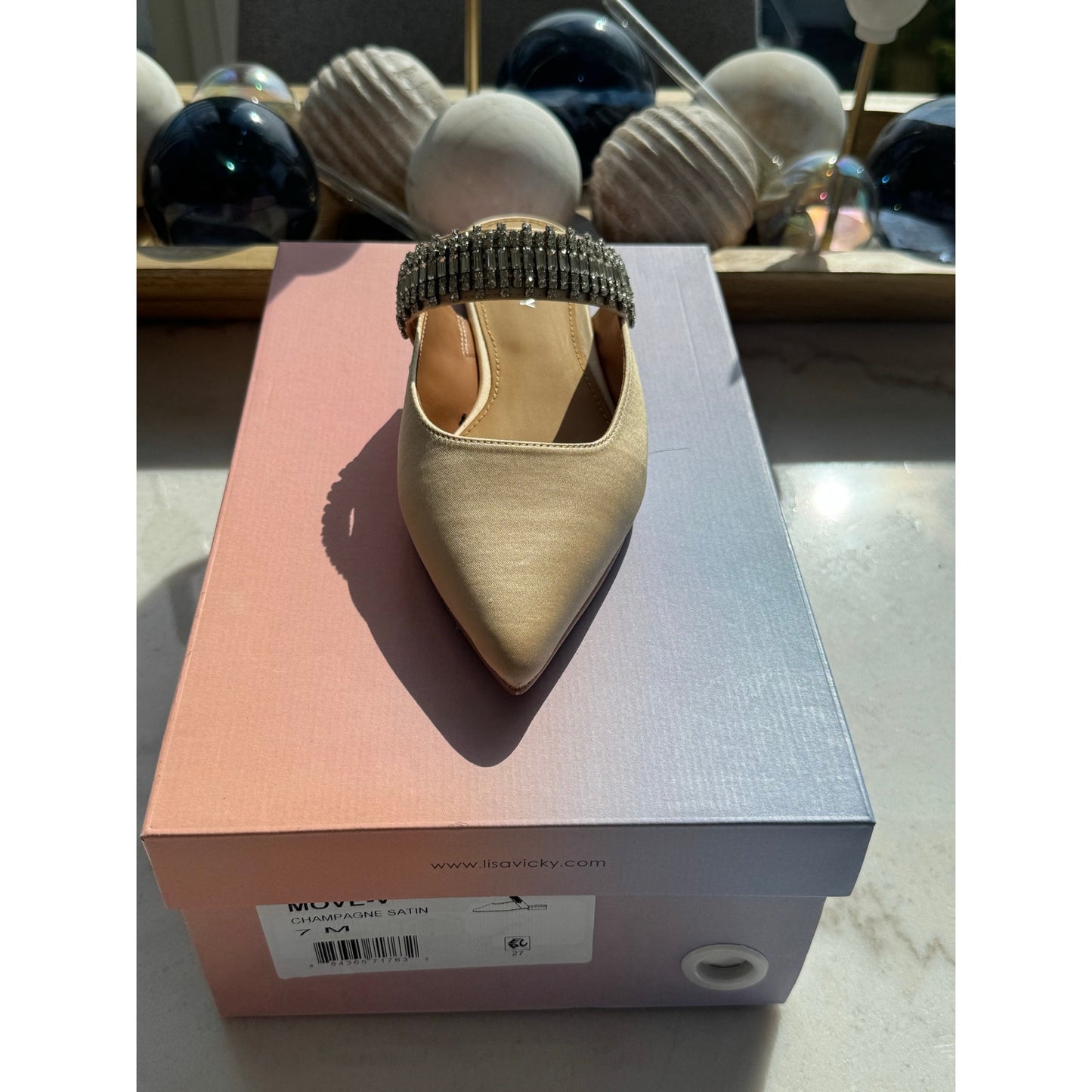 Lisa Vicky MOVE-V Champagne Satin Flats – Rhinestone Strap – Size 7 NEW