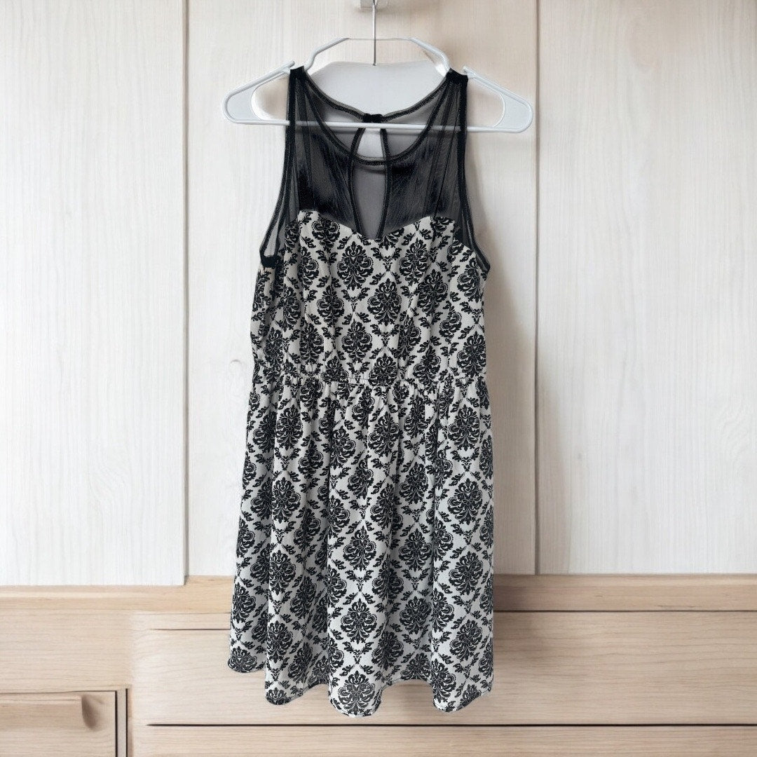 Aryeh Black & White Damask Dress w/ Mesh Detail – Size XL (Runs Small)