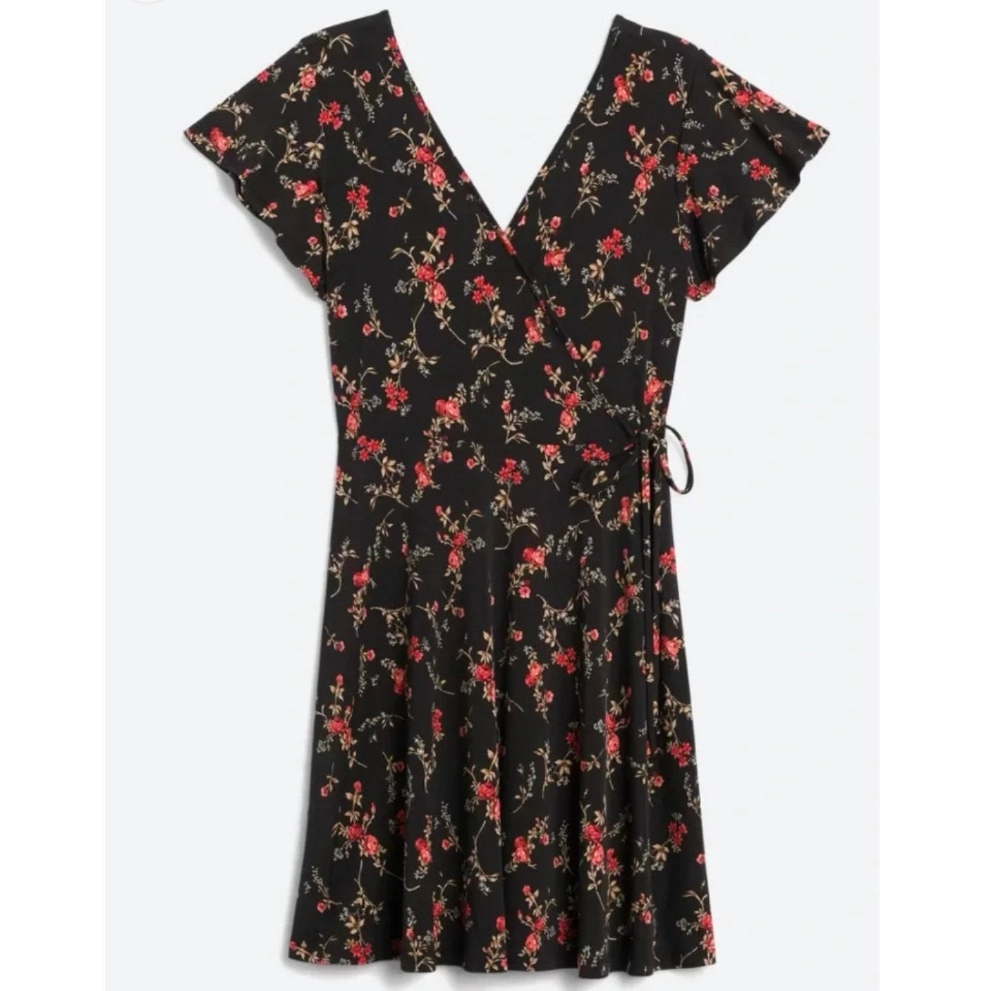 Kaileigh Kaela Floral Faux Wrap Dress XL Black Pink Fit & Flare Flutter Sleeve NEW