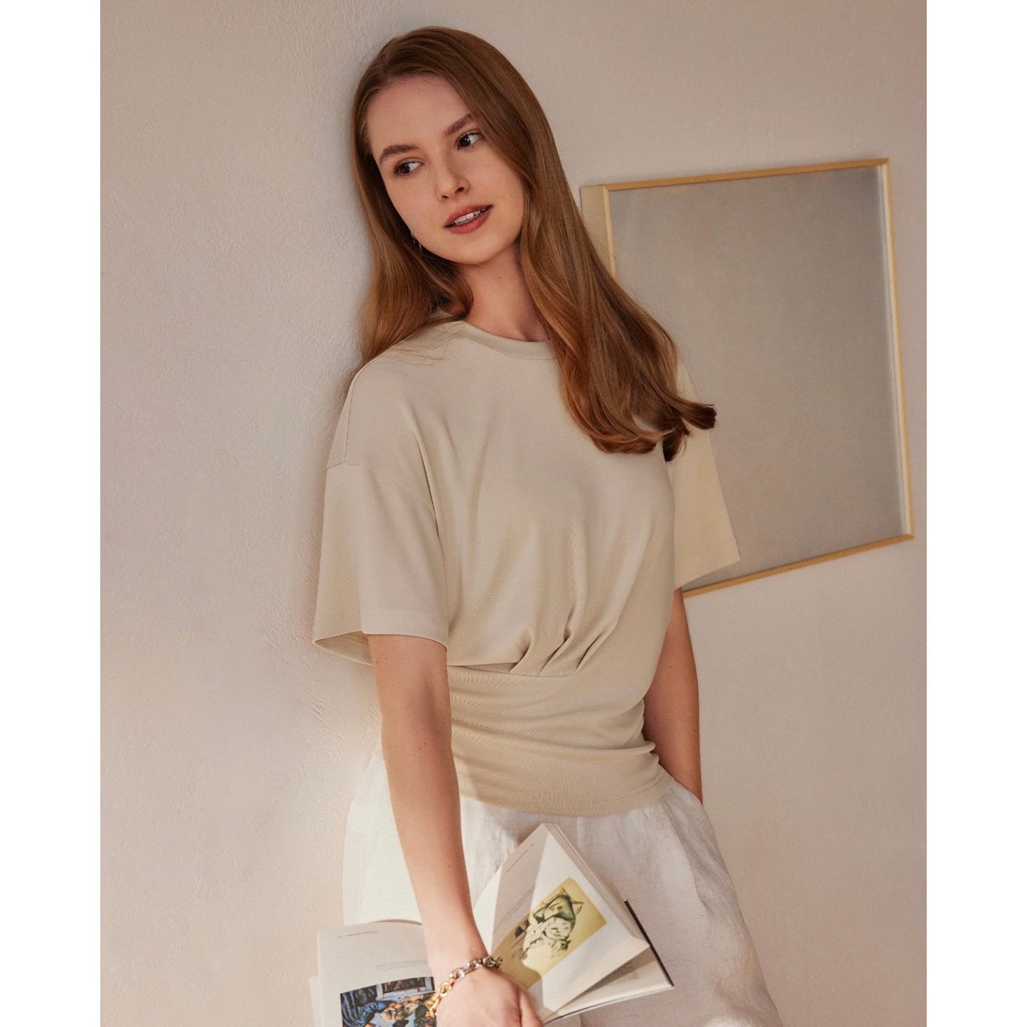OGL Move NEW Ivory Crewneck Tucked Waist Tee Minimalist Top | Large