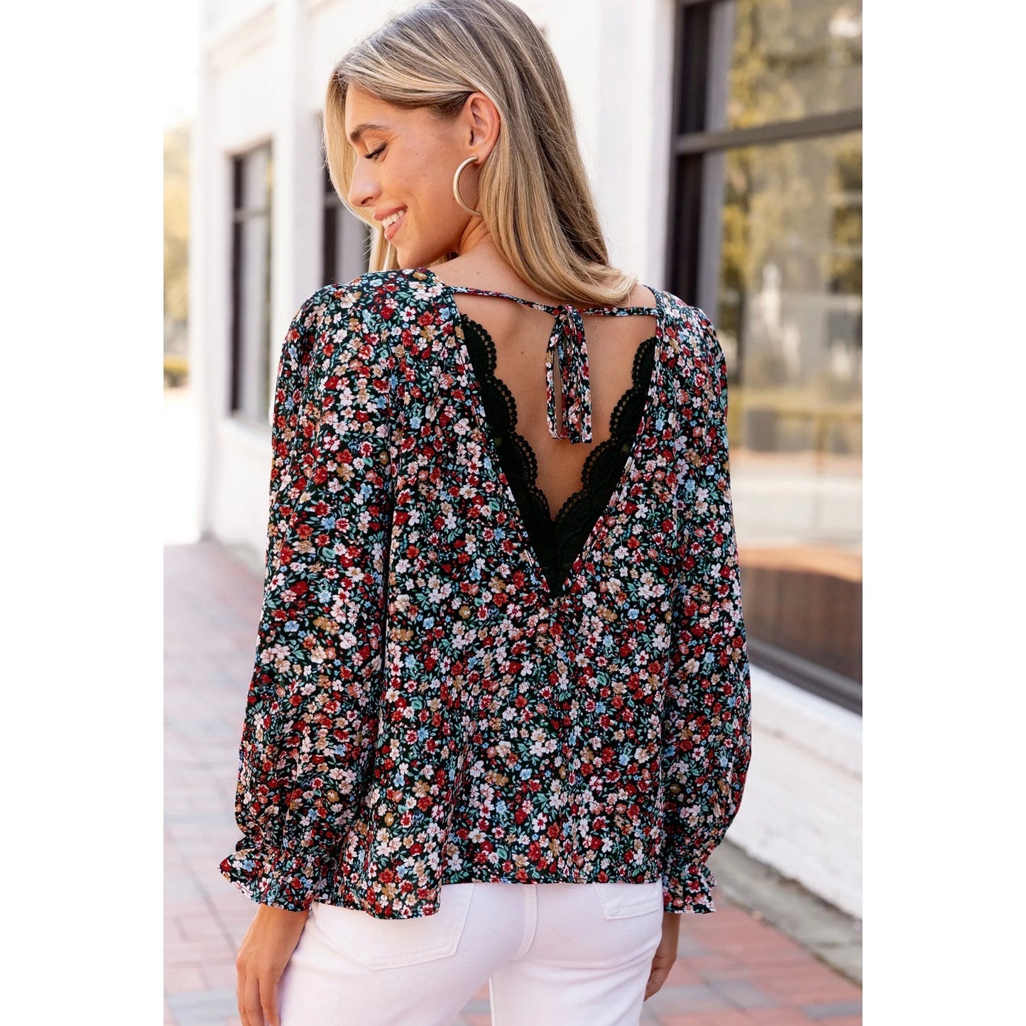 Cupshe Red Ditsy V-Neck Puff Sleeve Blouse | Small | NEW
