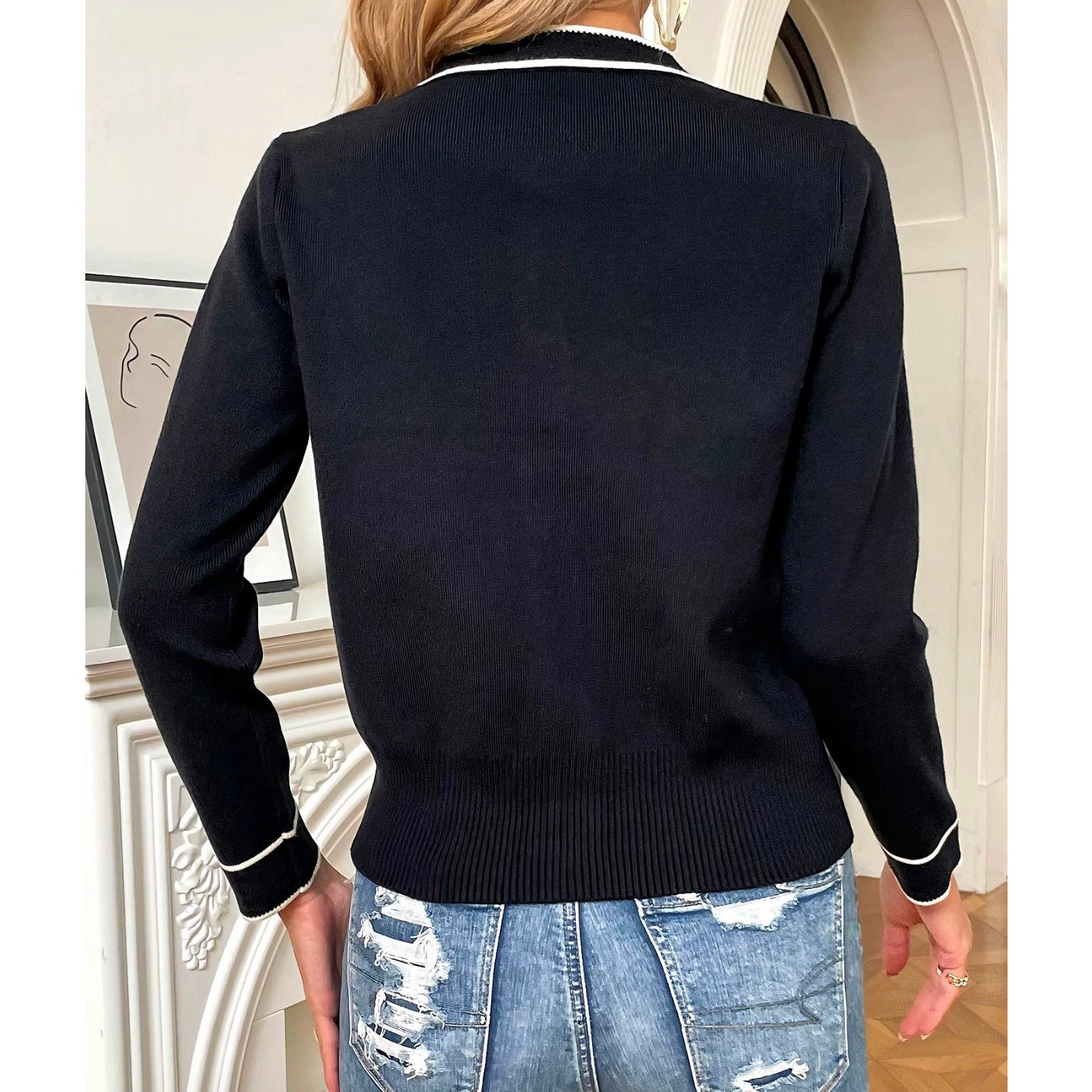 Knit Mix Frenchy Black Contrast Trim Cardigan Women’s XL Gold Button Parisian Chic Sweater