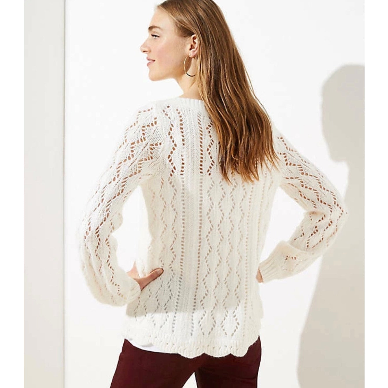 LOFT Pointelle Knit Sweater XL Cream Scalloped Hem Soft Lightweight Pullover