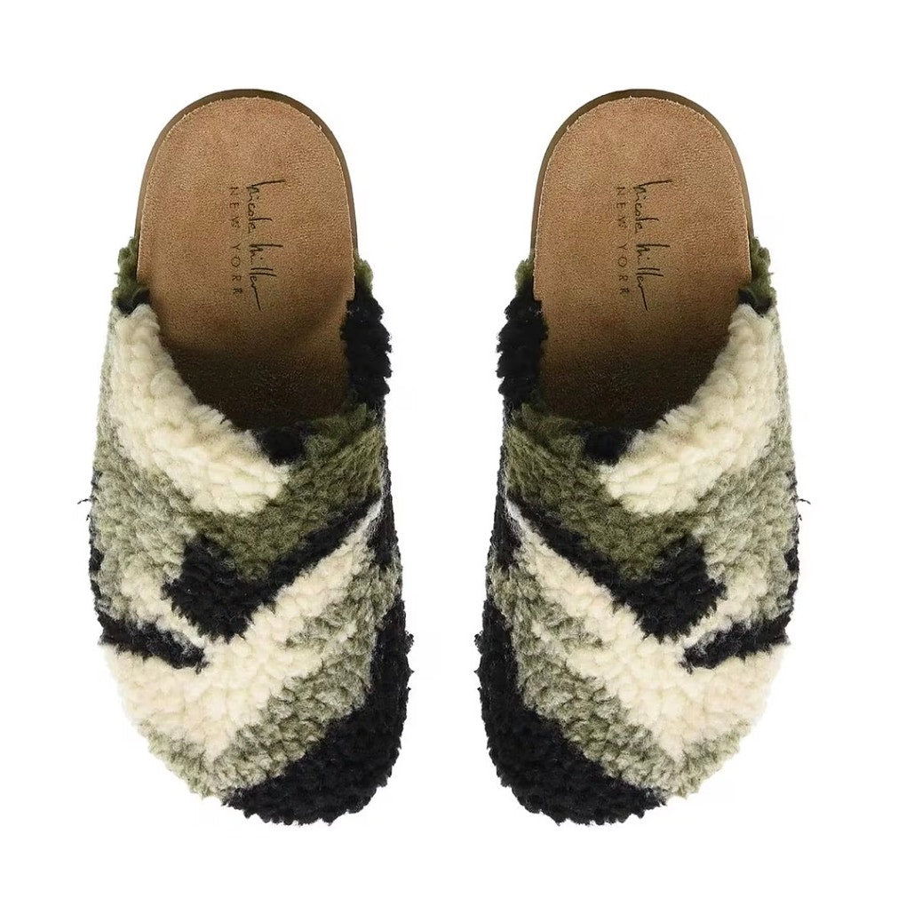 Nicole Miller Faux Fur Bondy Slippers – Green Camo | Women’s Size 6 | NEW