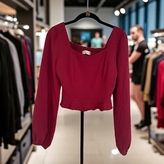 Altar’d State Long Sleeve Peplum Crop Top – Size Small – Red Wine Color