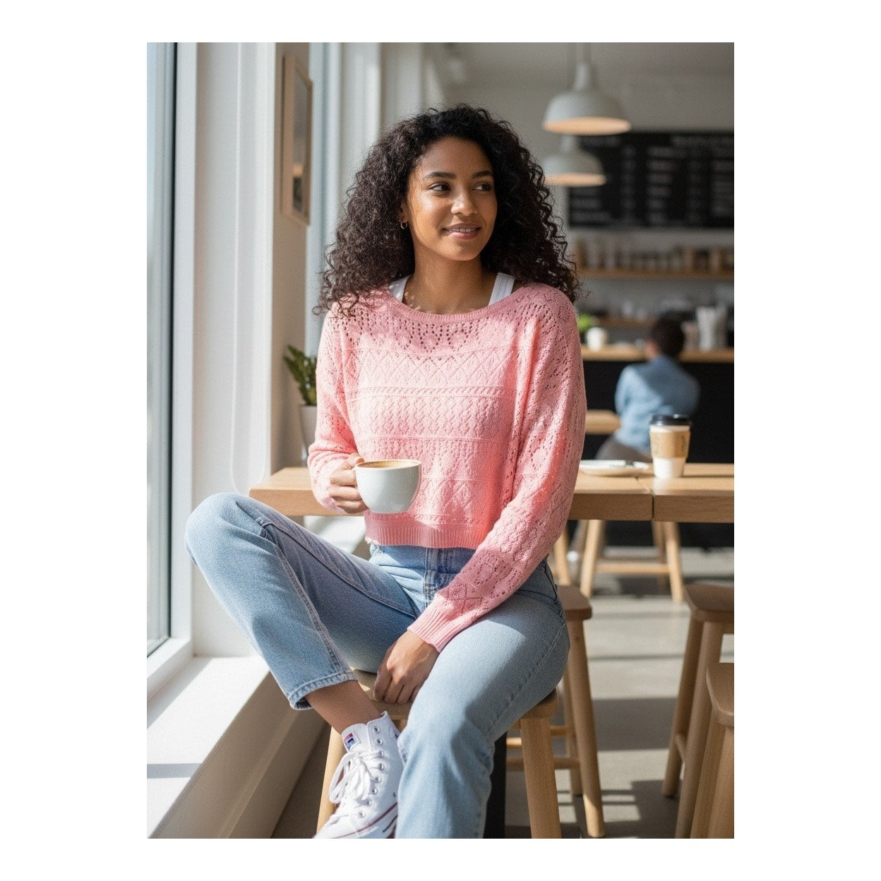 Abound Pointelle Knit Cropped Sweater Pink Hydrangea Large NEW