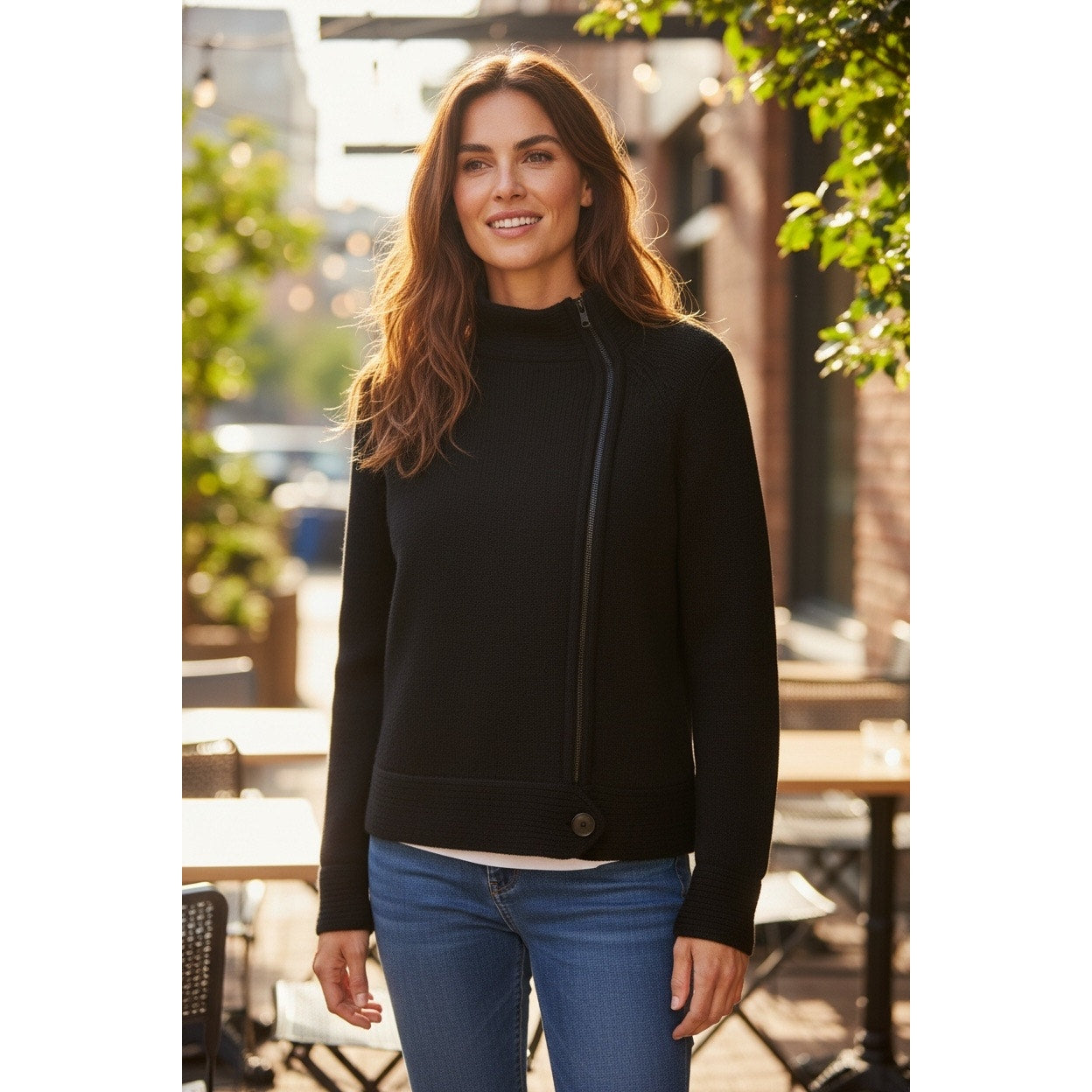 White House Black Market Black Knit Zip Sweater | XS | Asymmetrical Zip