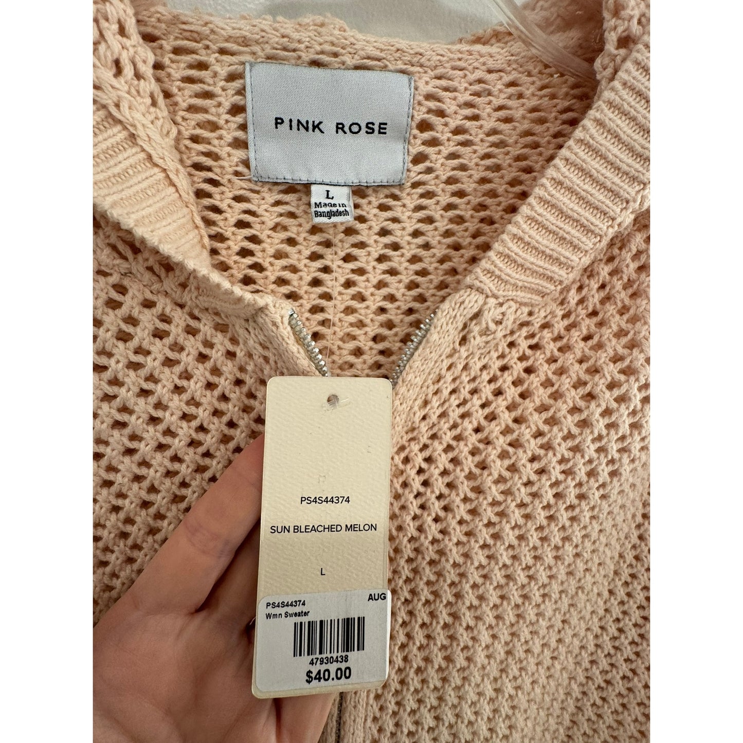 Pink Rose Zip-Up Hoodie Sweater | Sun Bleached Melon | Size Large NWT
