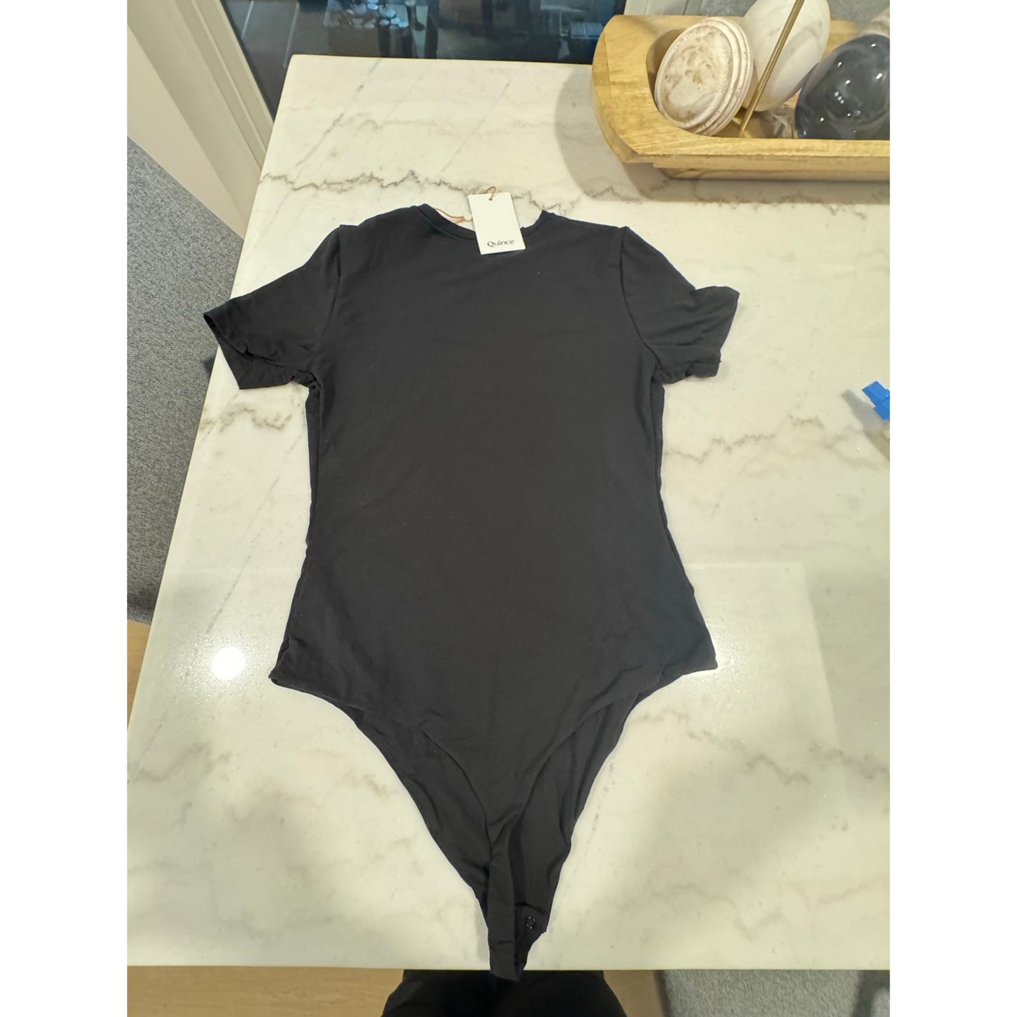 Quince Second Skin T-Shirt Bodysuit Medium Black Thong Back NEW