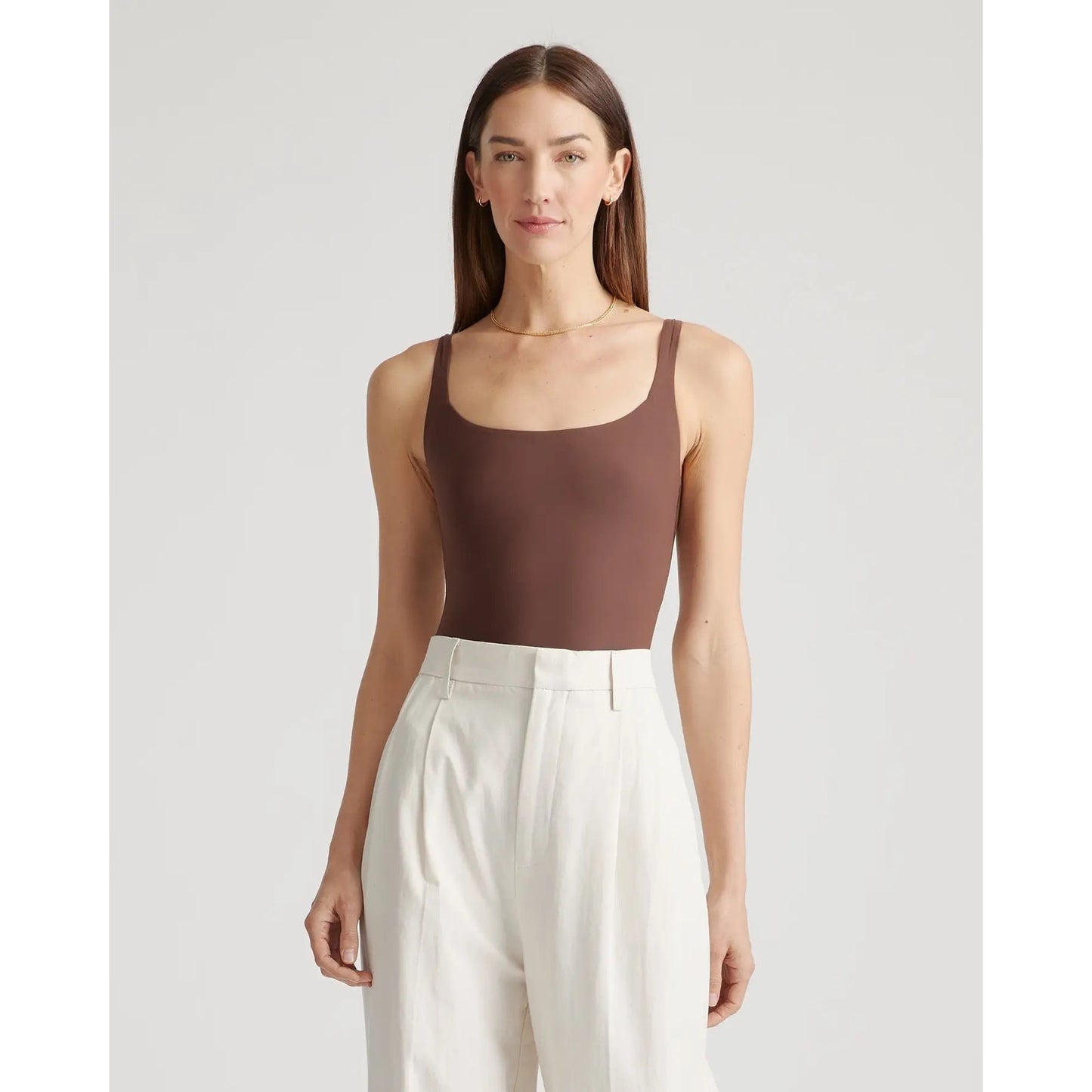 Quince Second Skin Square Neck Tank Bodysuit Brown Medium NEW