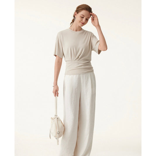 OGL Move NEW Ivory Crewneck Tucked Waist Tee Minimalist Top | Large