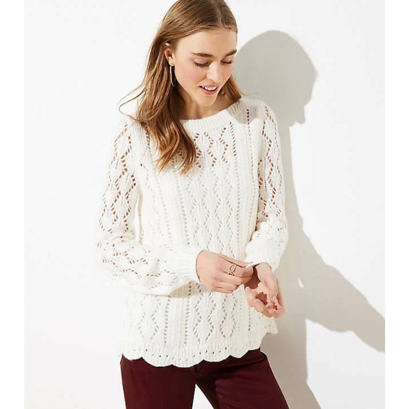 LOFT Pointelle Knit Sweater XL Cream Scalloped Hem Soft Lightweight Pullover
