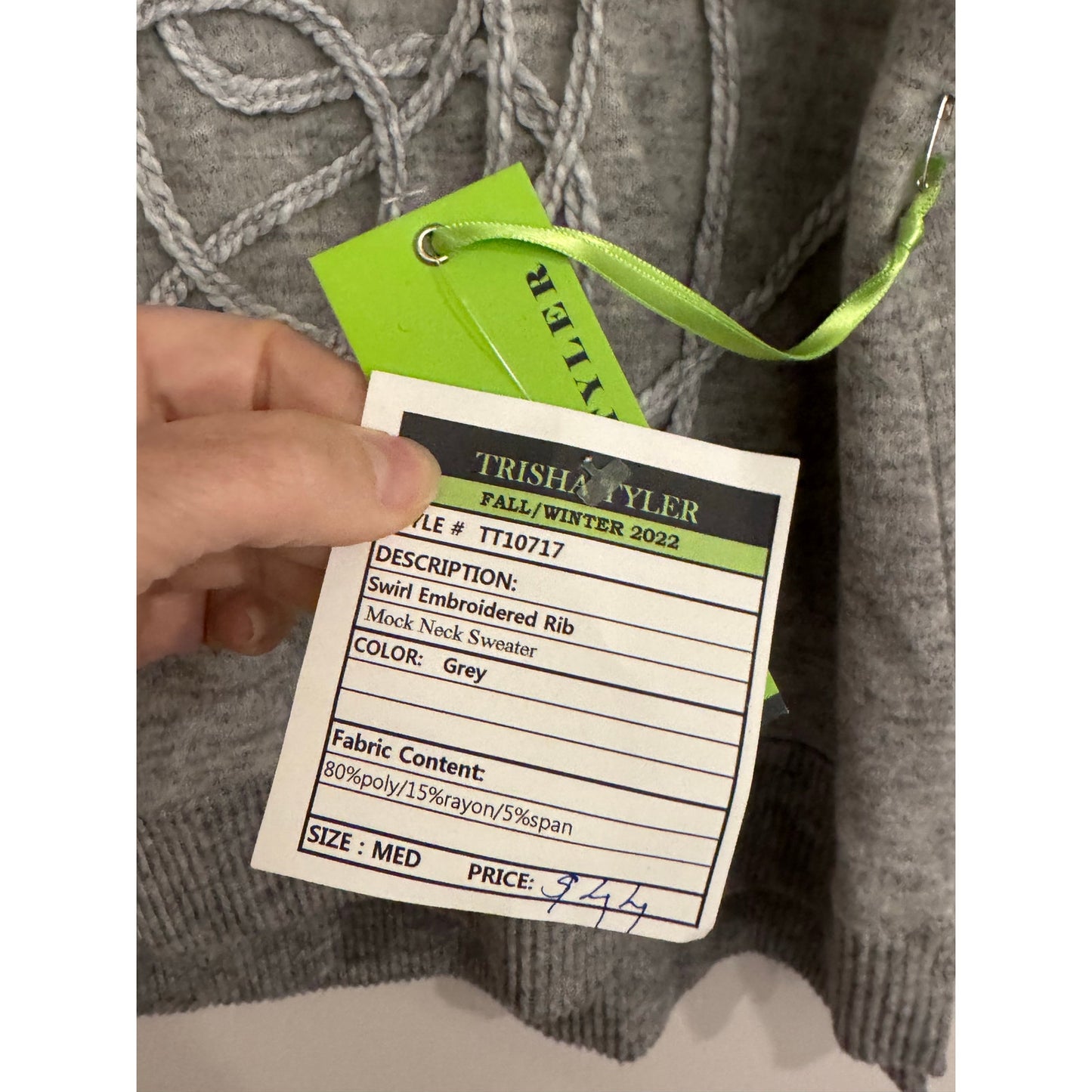 Trisha Tyler Swirl Embroidered Mock Neck Sweater – Grey (NEW)