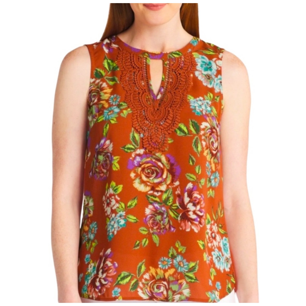 Daniel Rainn Floral Sleeveless Blouse w/ Crochet Detail | NEW| Size Medium