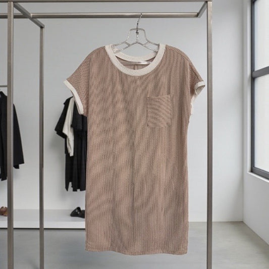 Neutral Ribbed T-Shirt Dress | Contrast Trim | Size Small