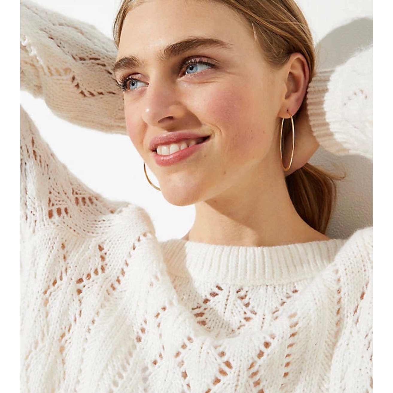 LOFT Pointelle Knit Sweater XL Cream Scalloped Hem Soft Lightweight Pullover