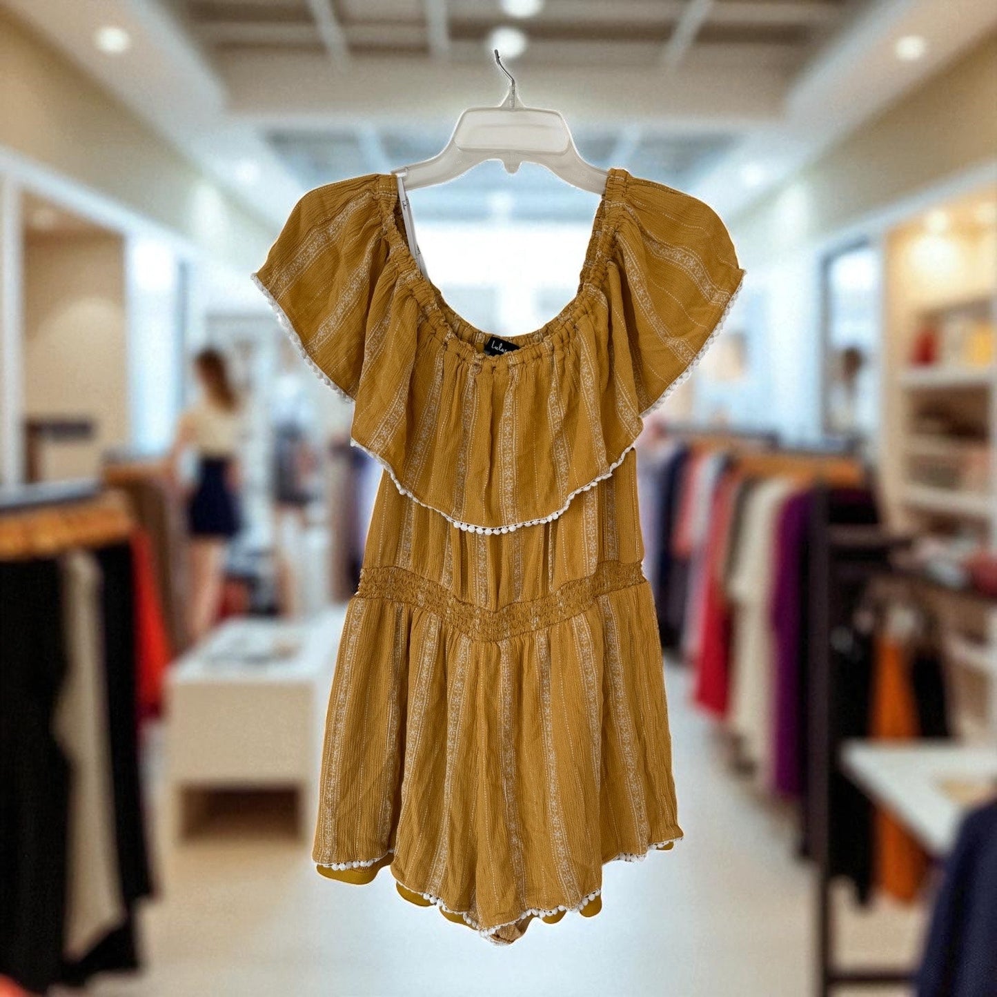 Lulus Mustard Yellow Off-Shoulder Ruffle Romper – Size Large