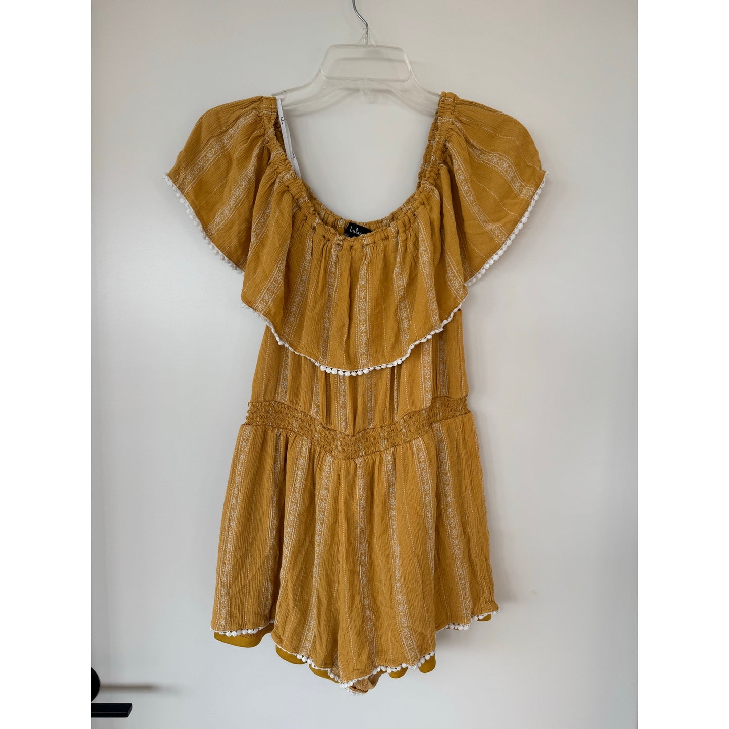 Lulus Mustard Yellow Off-Shoulder Ruffle Romper – Size Large