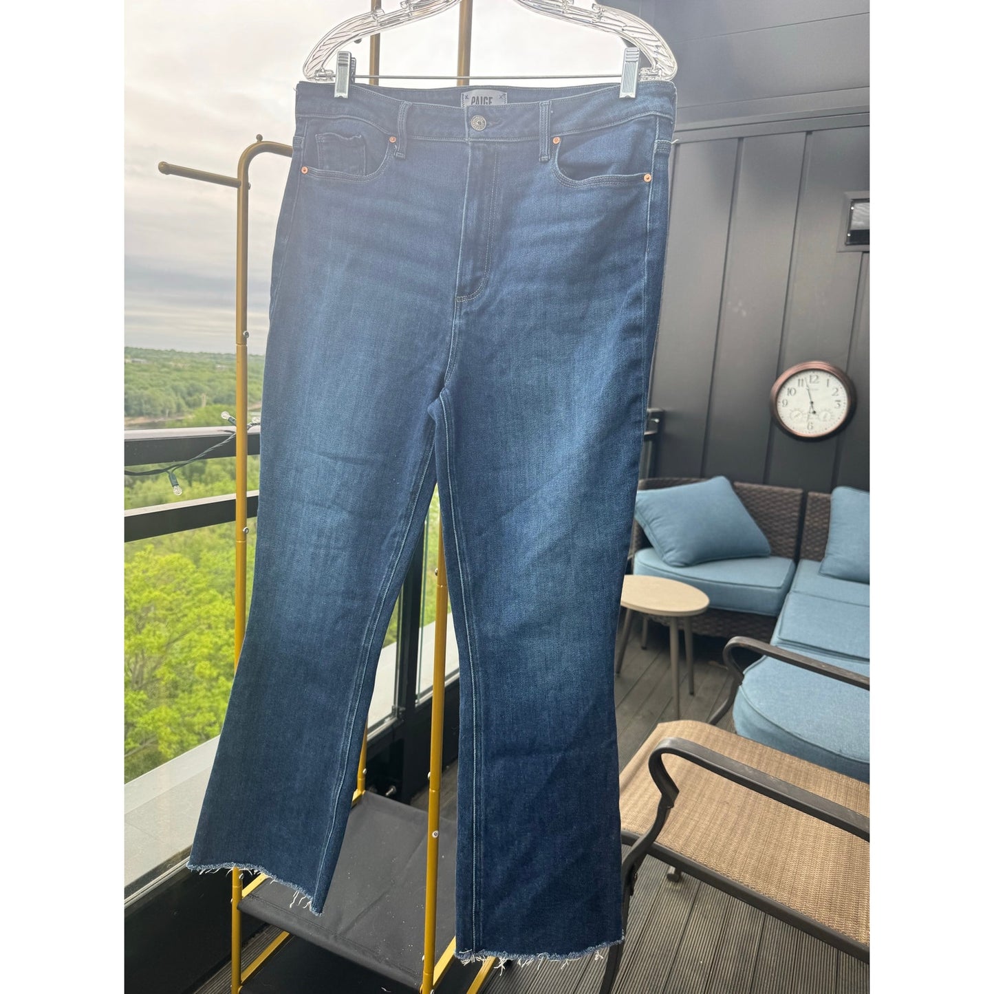 PAIGE Claudine High Rise Ankle Flare Jeans Raw Hem Size 32