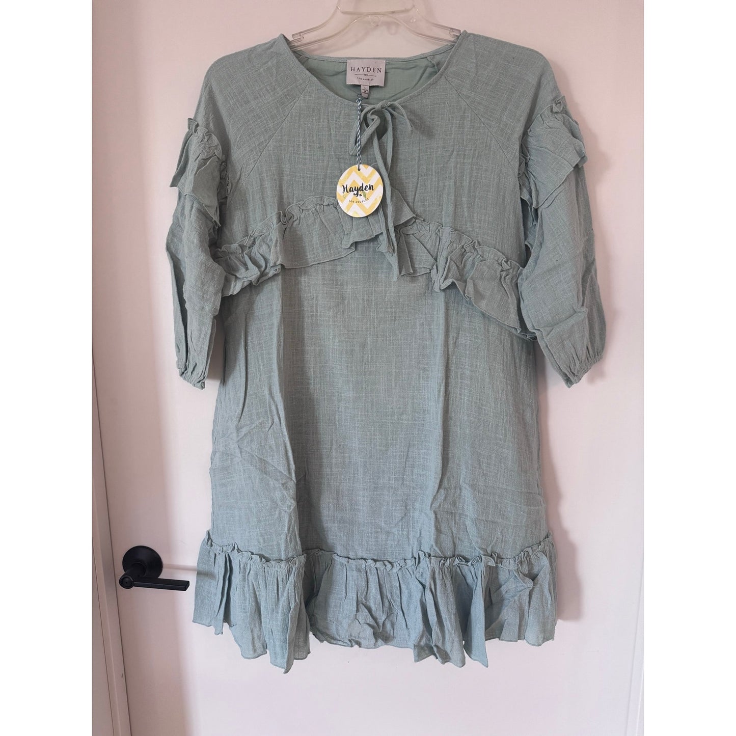 Hayden LA Dusty Mint Ruffle Tie Neck Dress Tunic | Size Large | Boho Cotton