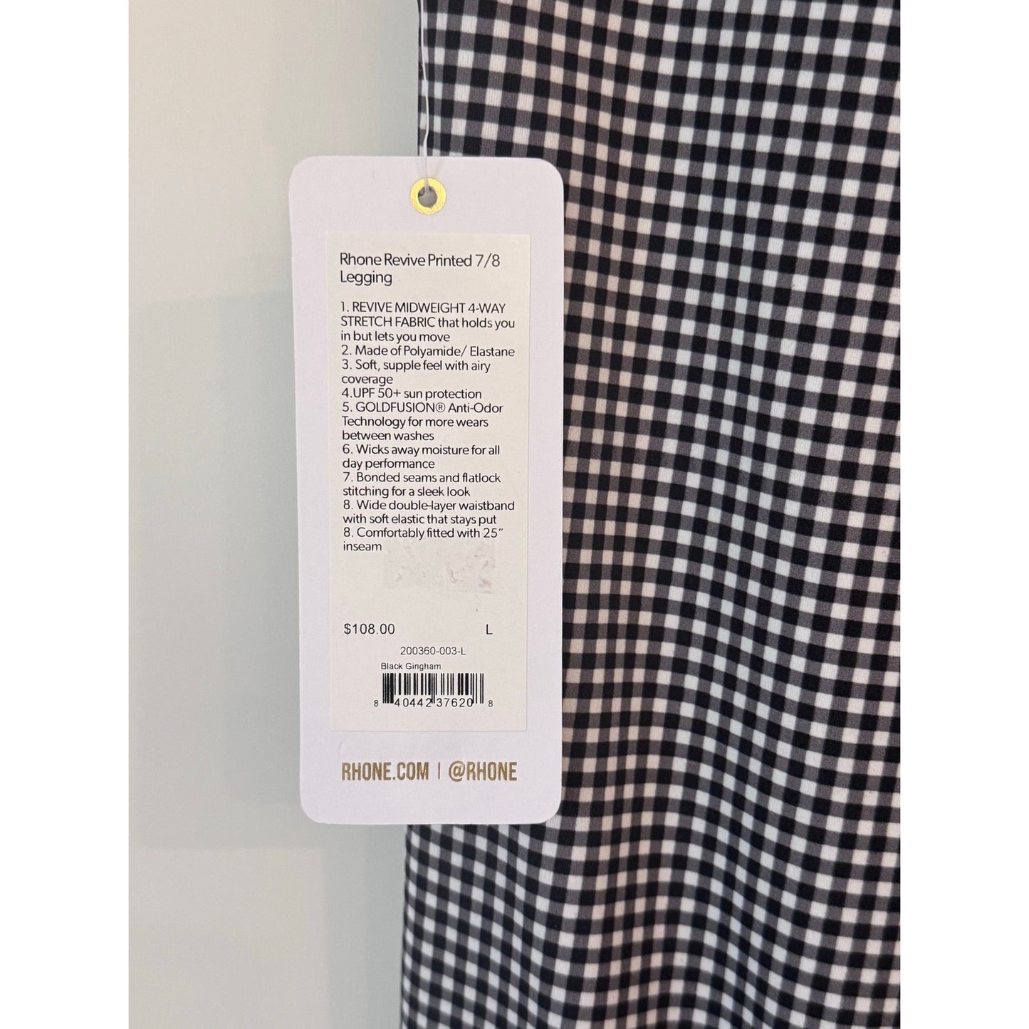 Rhone Revive Printed 7/8 Legging Black Gingham Size Large High Rise NWT