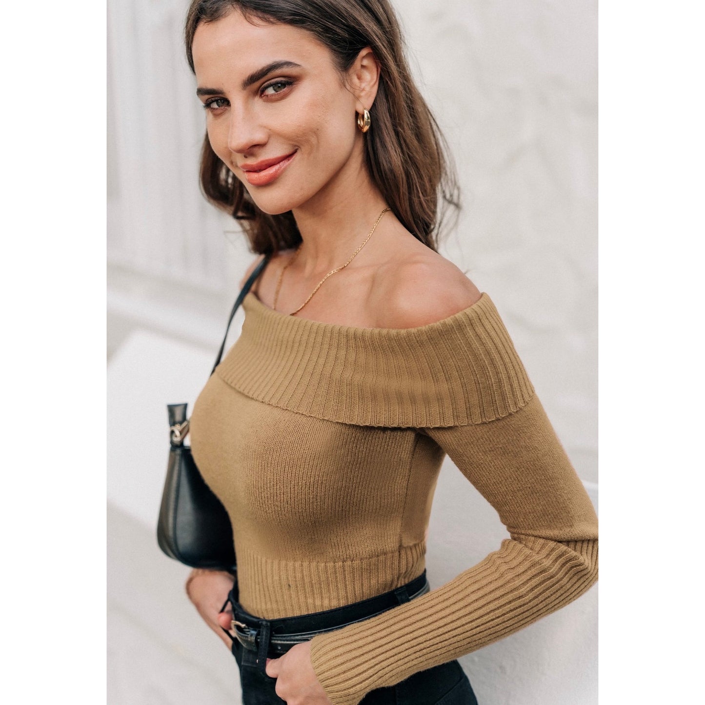 Cupshe Camel Off Shoulder Sweater Ribbed Knit Crop Top Size Medium NWT