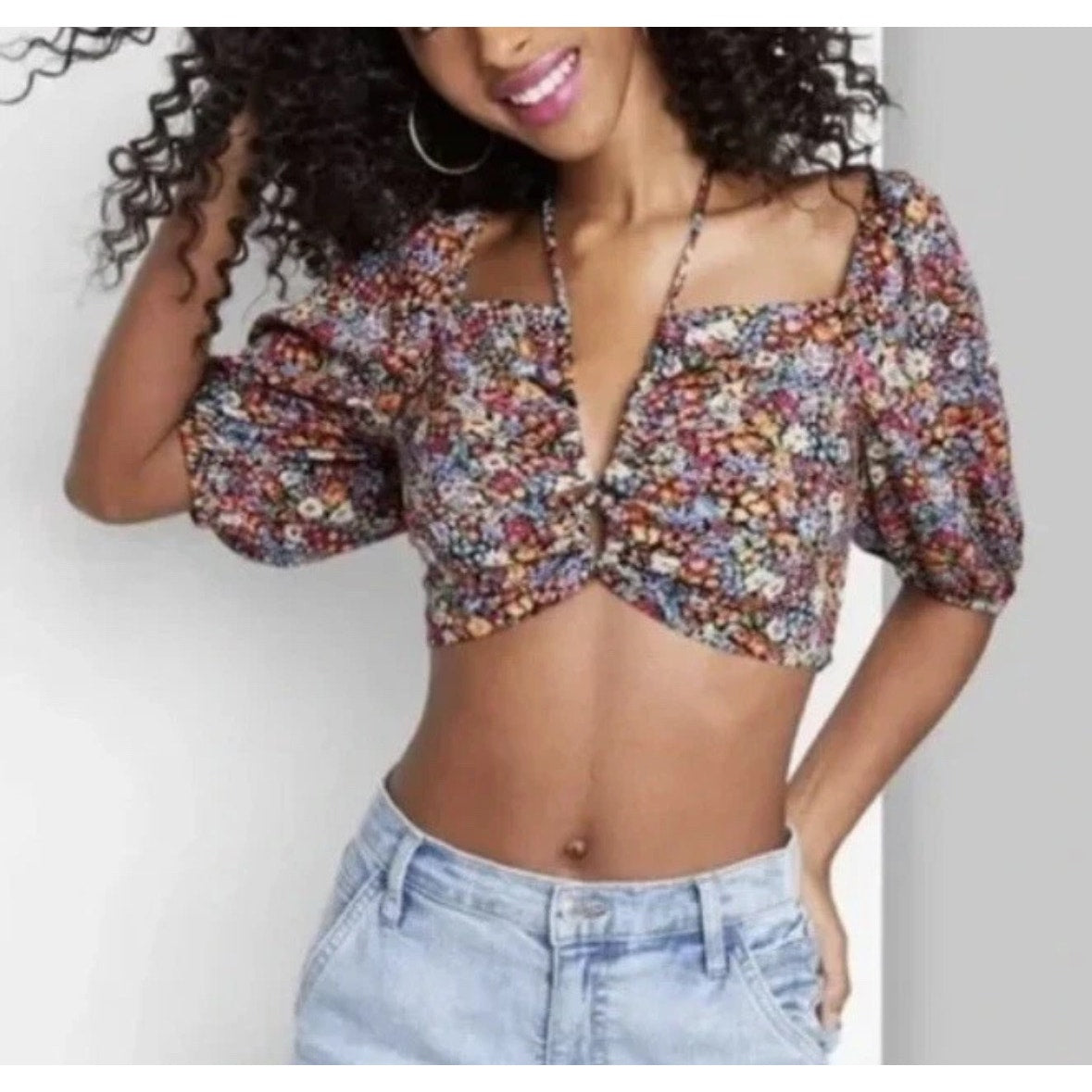 Wild Fable Balloon Sleeve Cropped Top – Size Small – Floral Print