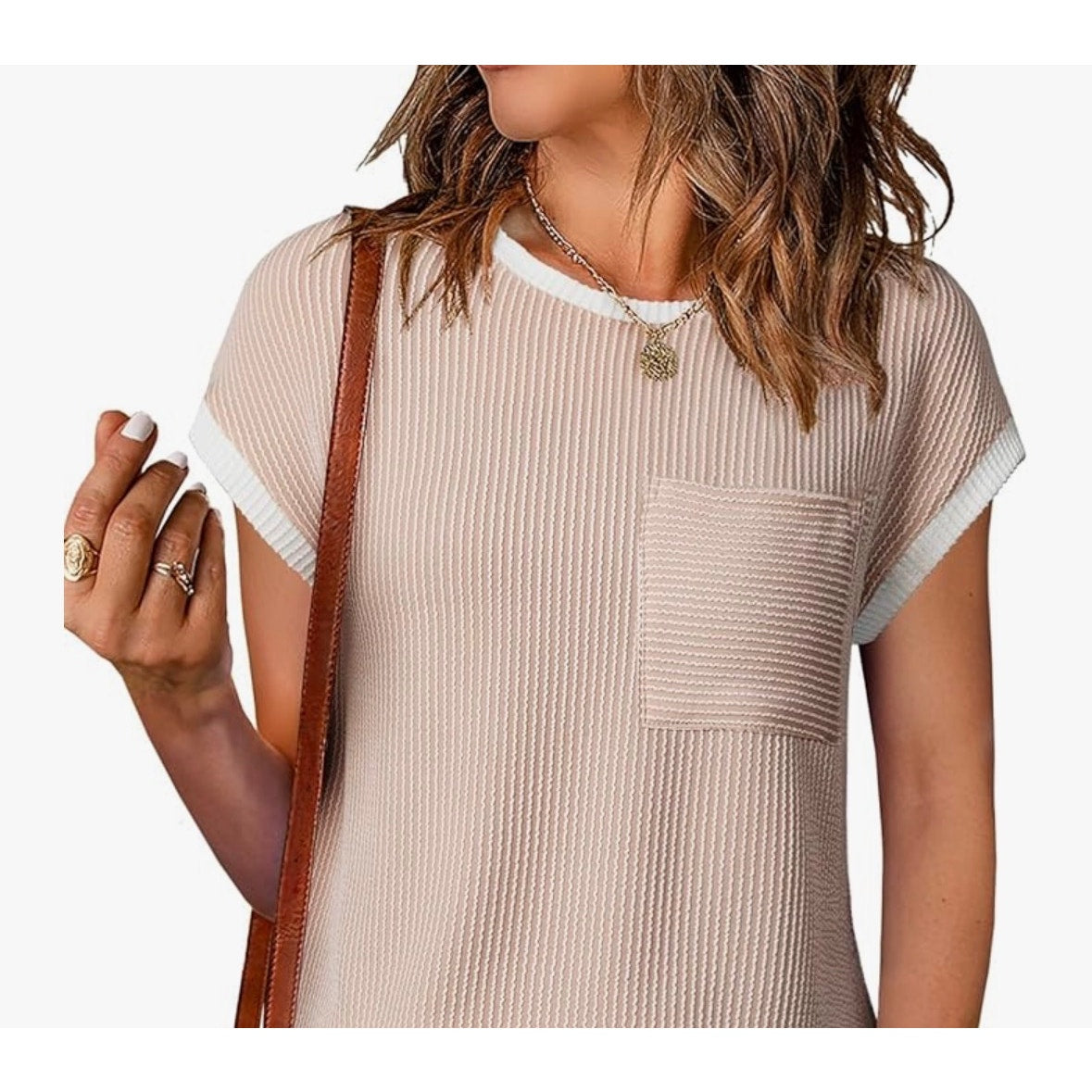 Neutral Ribbed T-Shirt Dress | Contrast Trim | Size Small