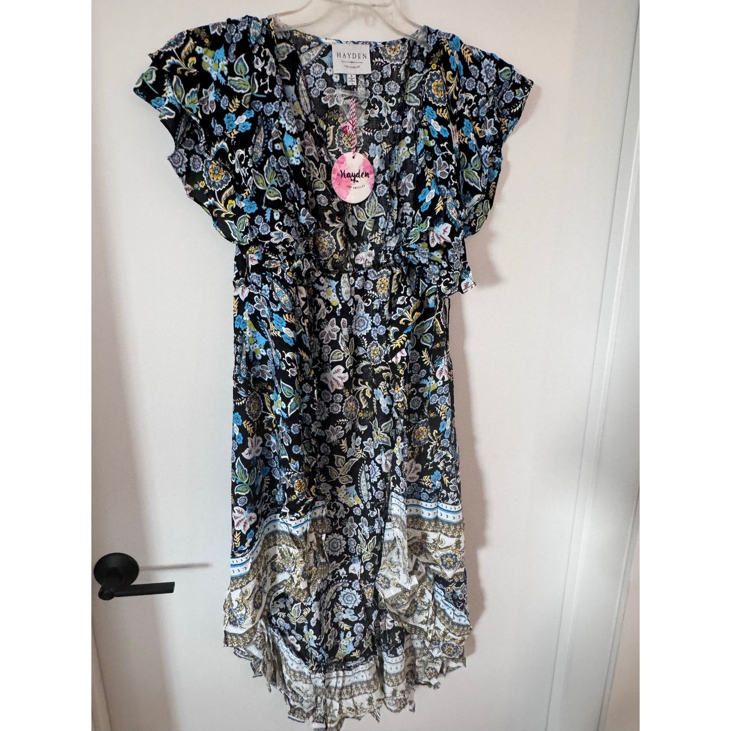 Hayden LA Black Floral Wrap Dress High Low Boho Ruffle Size Small NEW