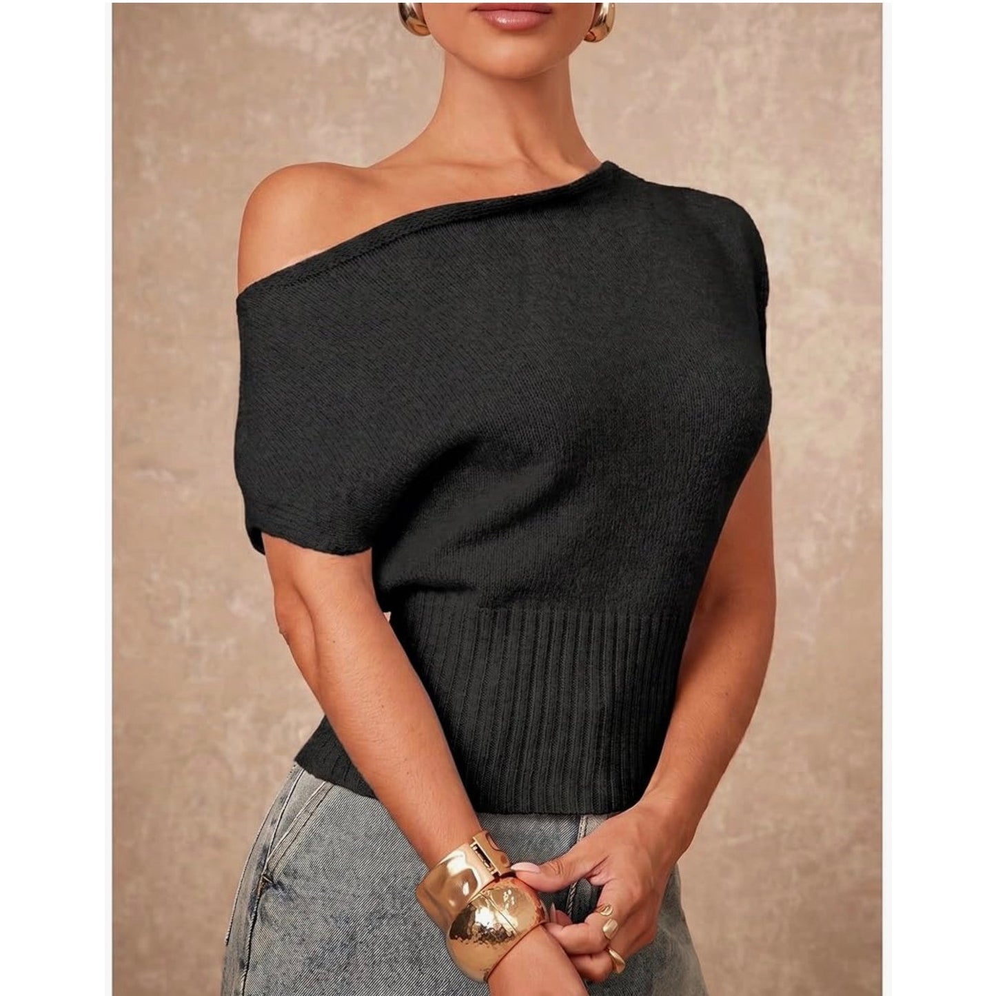 Hixiaohe Knit Top Medium Black Ribbed Boat Neck Sweater NEW