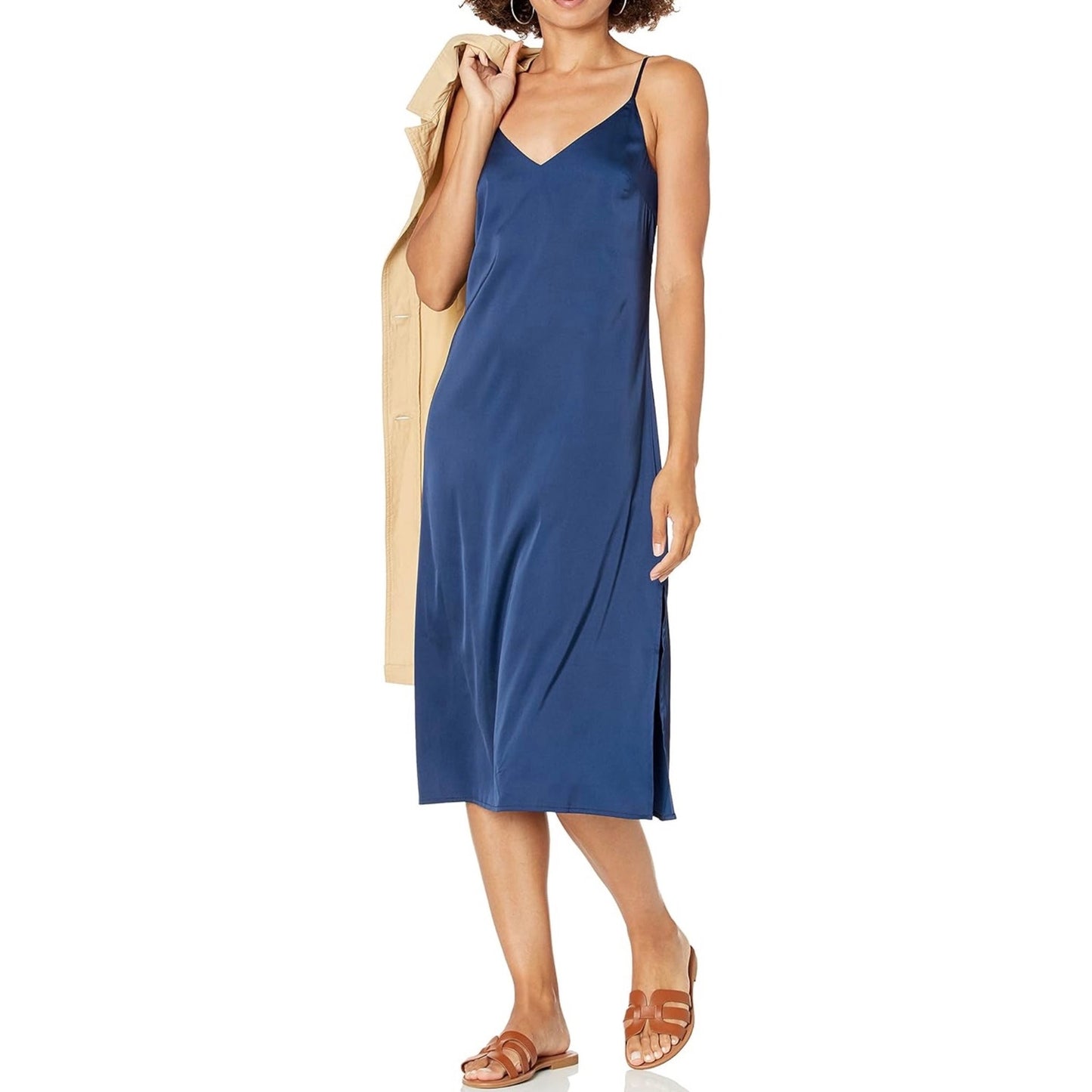 The Drop Ana Silky V-Neck Midi Slip Dress Navy XXL NEW