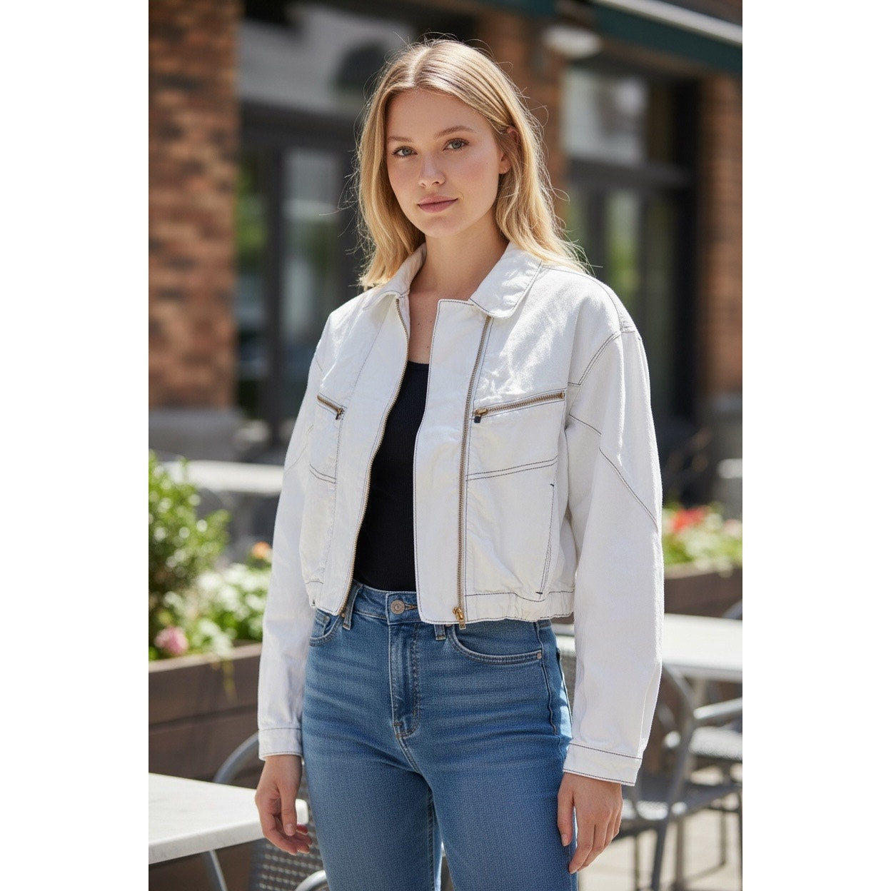 We The Free Pilcro Cropped Bomber Jacket White Asymmetrical Zip Medium NEW