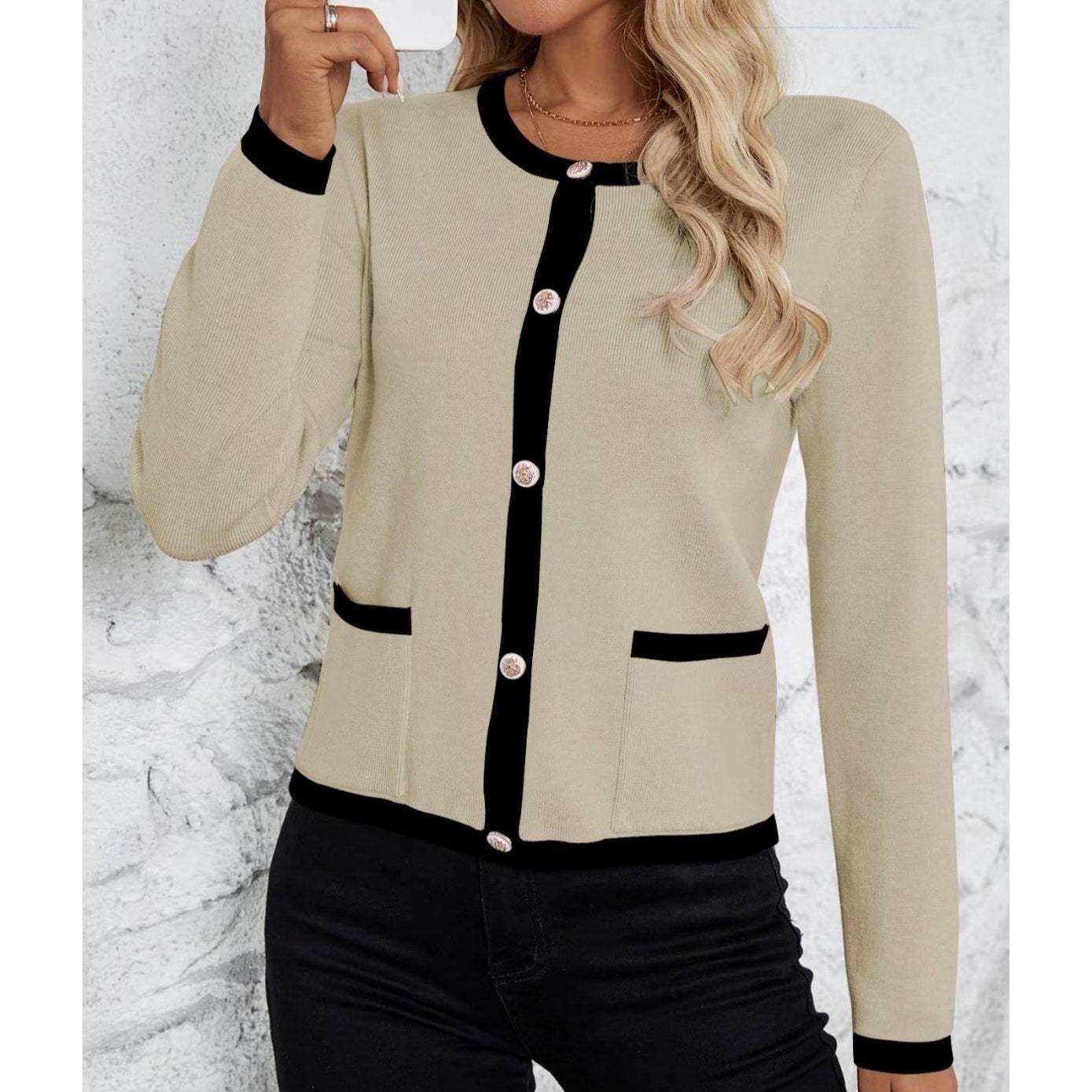 Herfan Women's Contract Binding Button Front Fitted Cardigan | XL