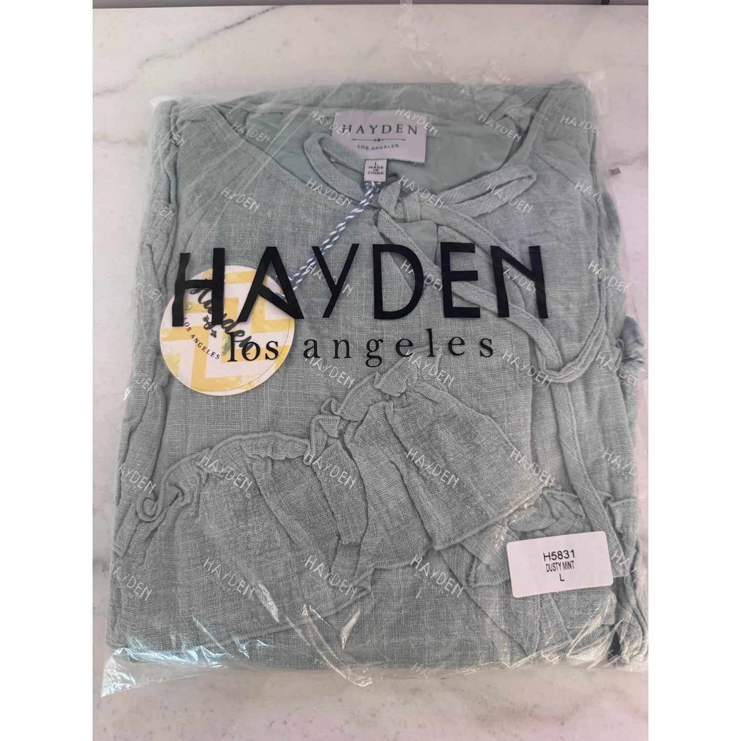 Hayden LA Dusty Mint Ruffle Tie Neck Dress Tunic | Size Large | Boho Cotton