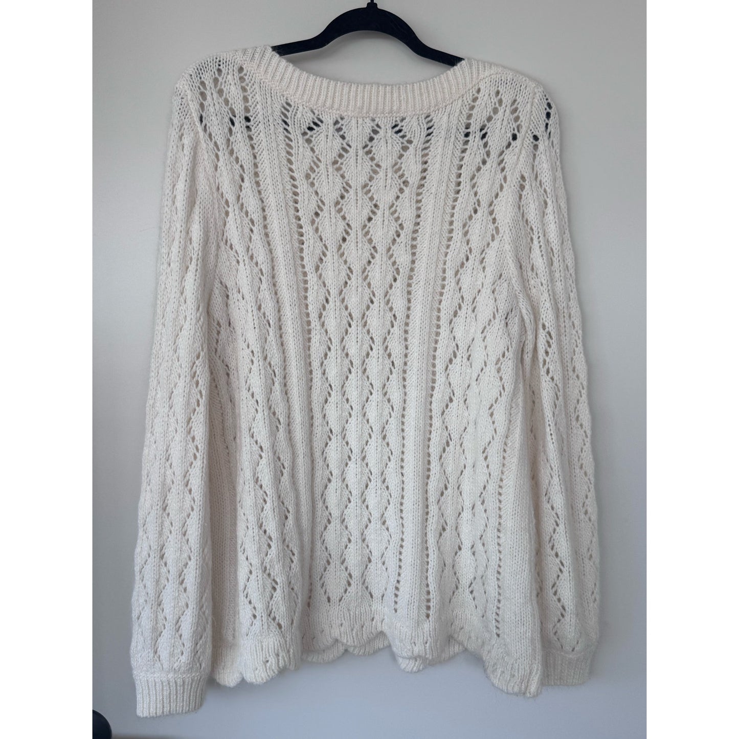 LOFT Pointelle Knit Sweater XL Cream Scalloped Hem Soft Lightweight Pullover